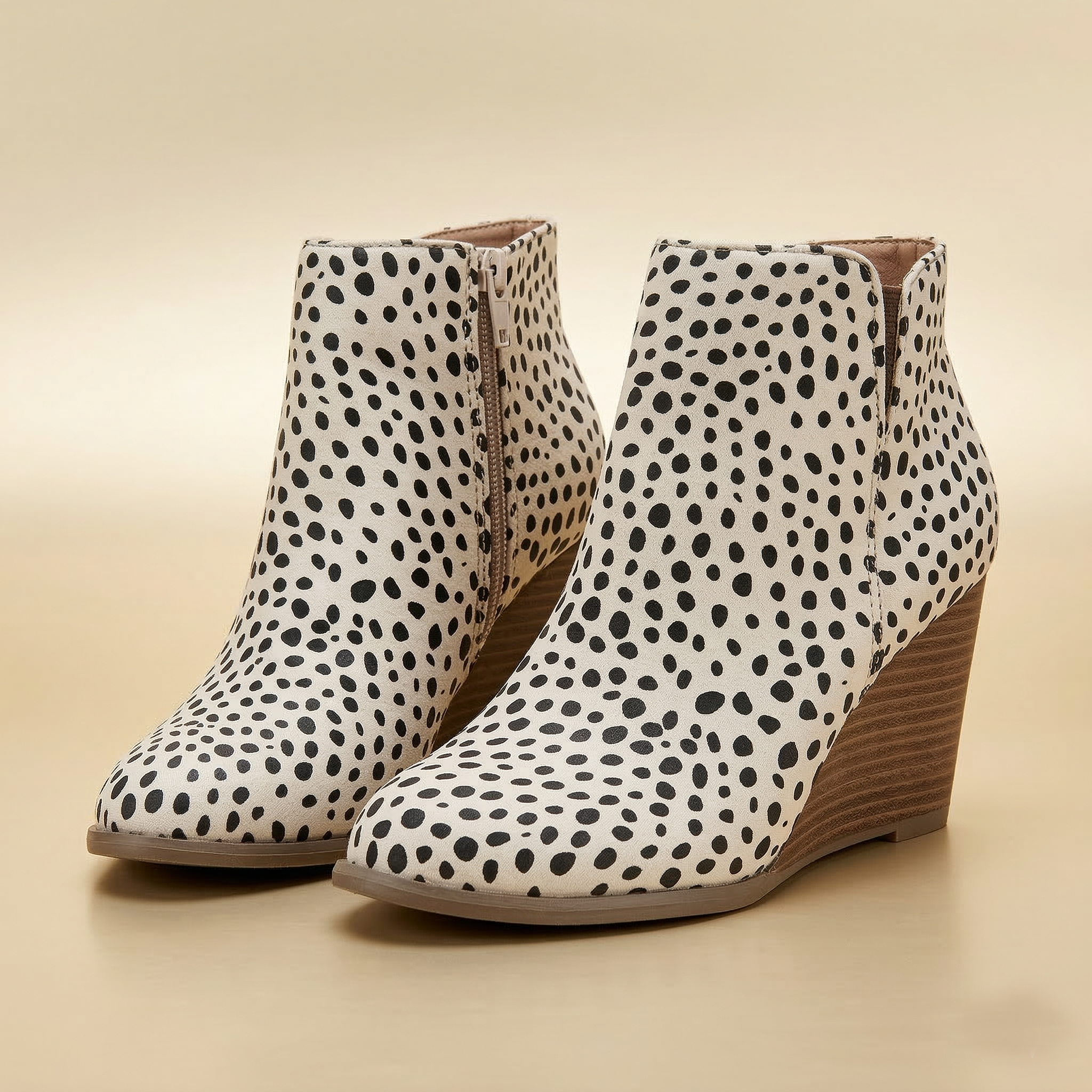 White ankle boots with black polka dot pattern on a beige background