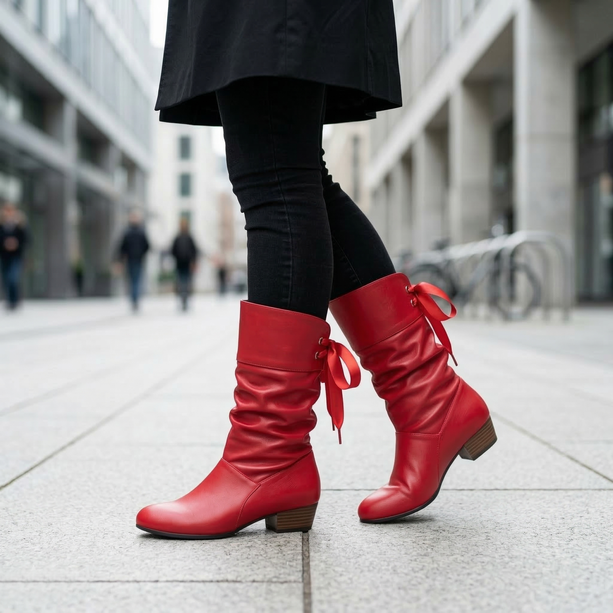 Women's Mid-Calf Slouch Boot with Back Ribbon Lace-Up Detail, Ruched Shaft and Low Block Heel