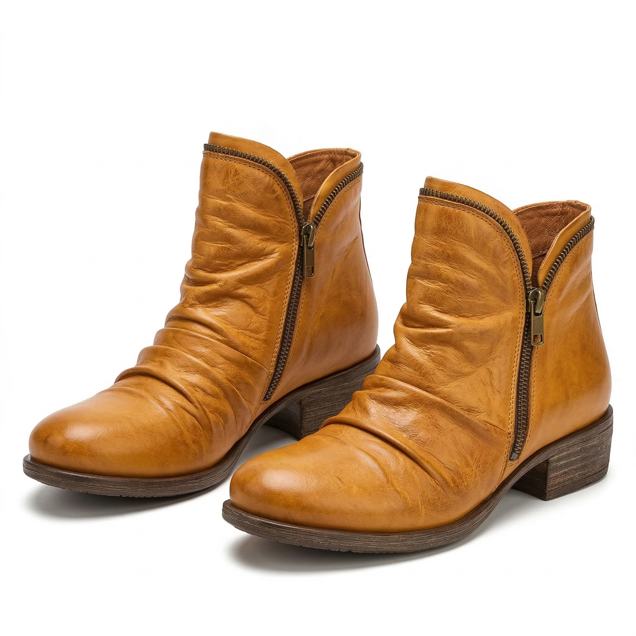 Women's Leather Ankle Bootie with Ruched Upper, Dual Side Zippers and Low Stacked Heel