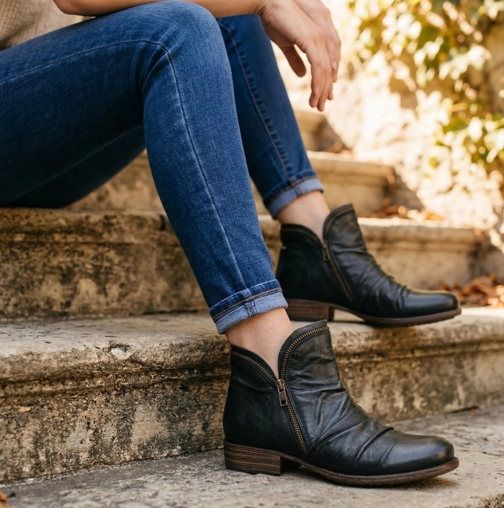 Women's Leather Ankle Bootie with Ruched Upper, Dual Side Zippers and Low Stacked Heel