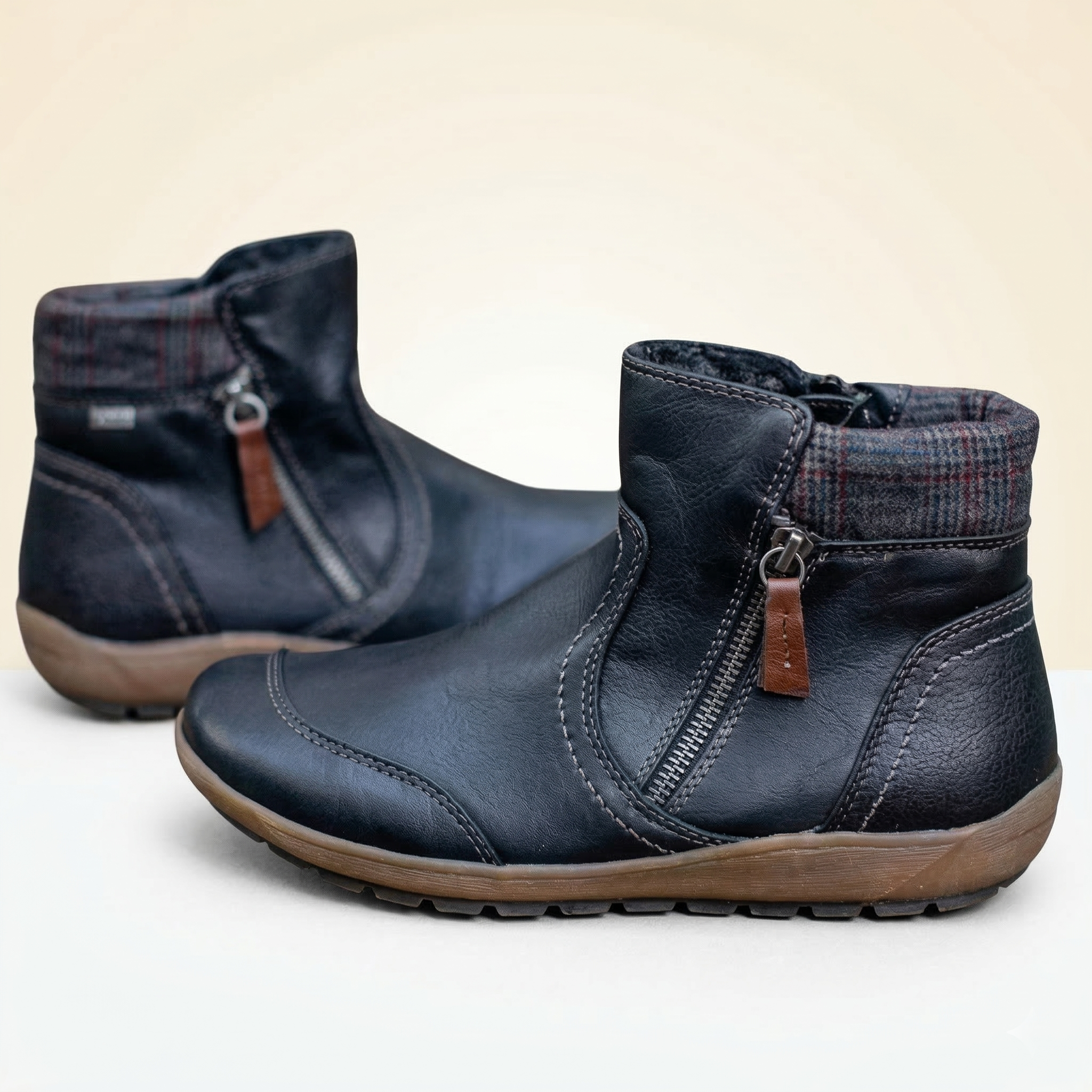Women's Two-Tone Vegan Leather Ankle Boots with Side Zipper, Plaid Collar Trim & Flat Rubber Sole