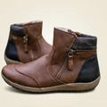 Women's Two-Tone Vegan Leather Ankle Boots with Side Zipper, Plaid Collar Trim & Flat Rubber Sole