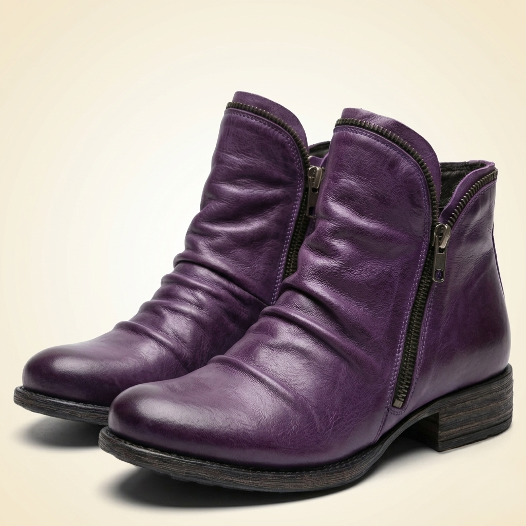 Women's Leather Ankle Bootie with Ruched Upper, Dual Side Zippers and Low Stacked Heel