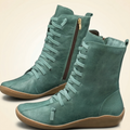 Women's Mid-Calf Leather Boot with Cross Strap Lace-Up Front, Side Zipper and Flat Rubber Sole