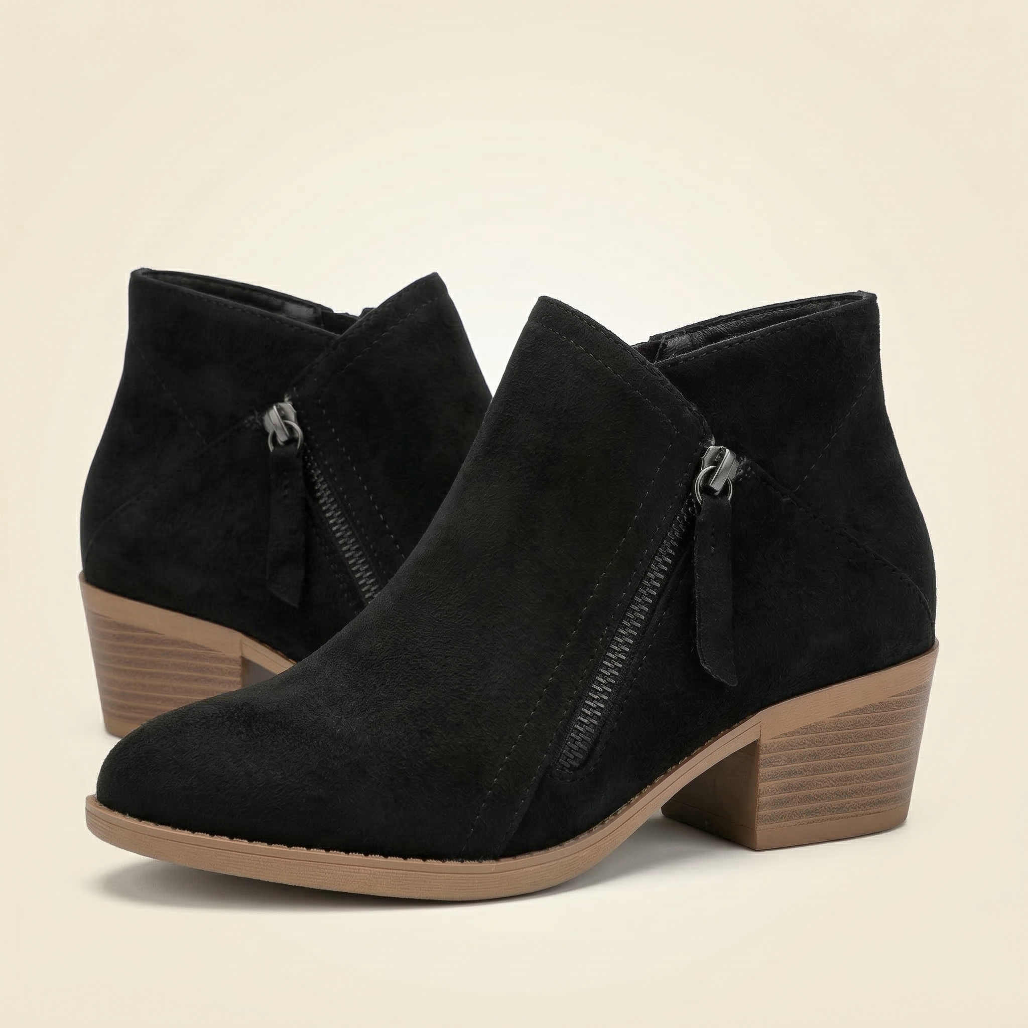 Women's Suede Ankle Bootie with Side Zipper and Stacked Block Heel