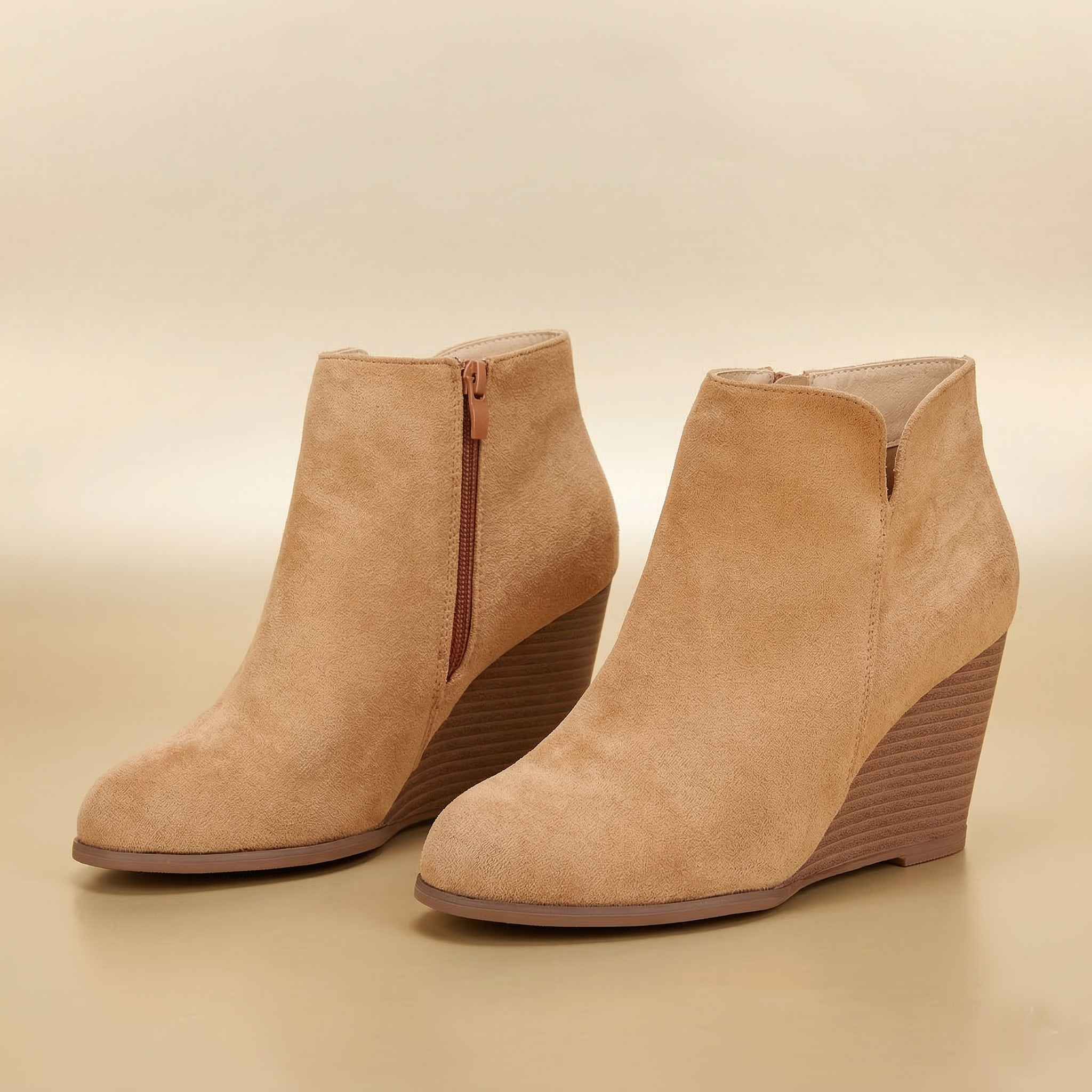 Women's Wedge Ankle Boots with Side Zipper, Soft Suede & Printed Vegan Leather
