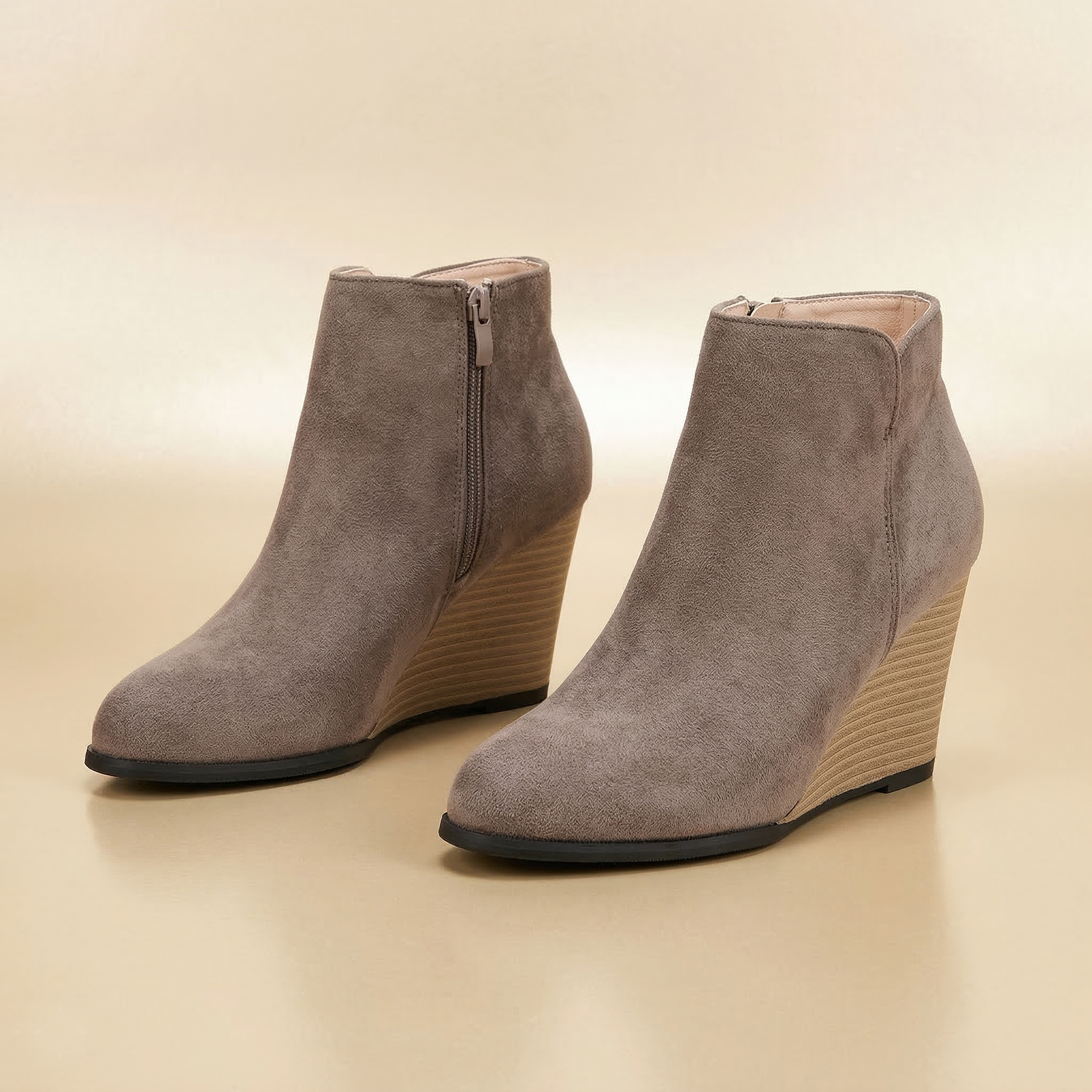 Women's Wedge Ankle Boots with Side Zipper, Soft Suede & Printed Vegan Leather