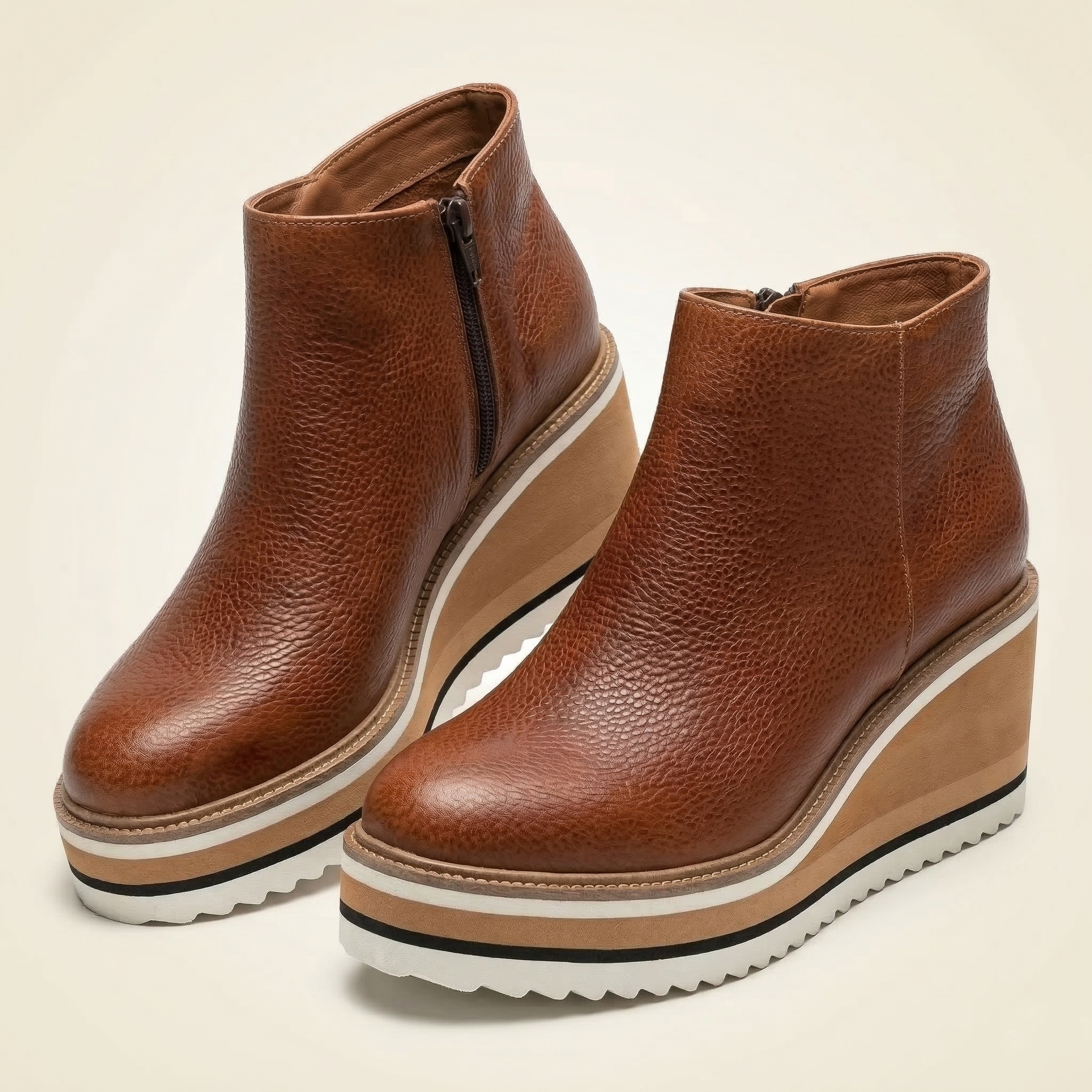 Women's Wedge Platform Ankle Boot with Side Zipper and Striped Sole