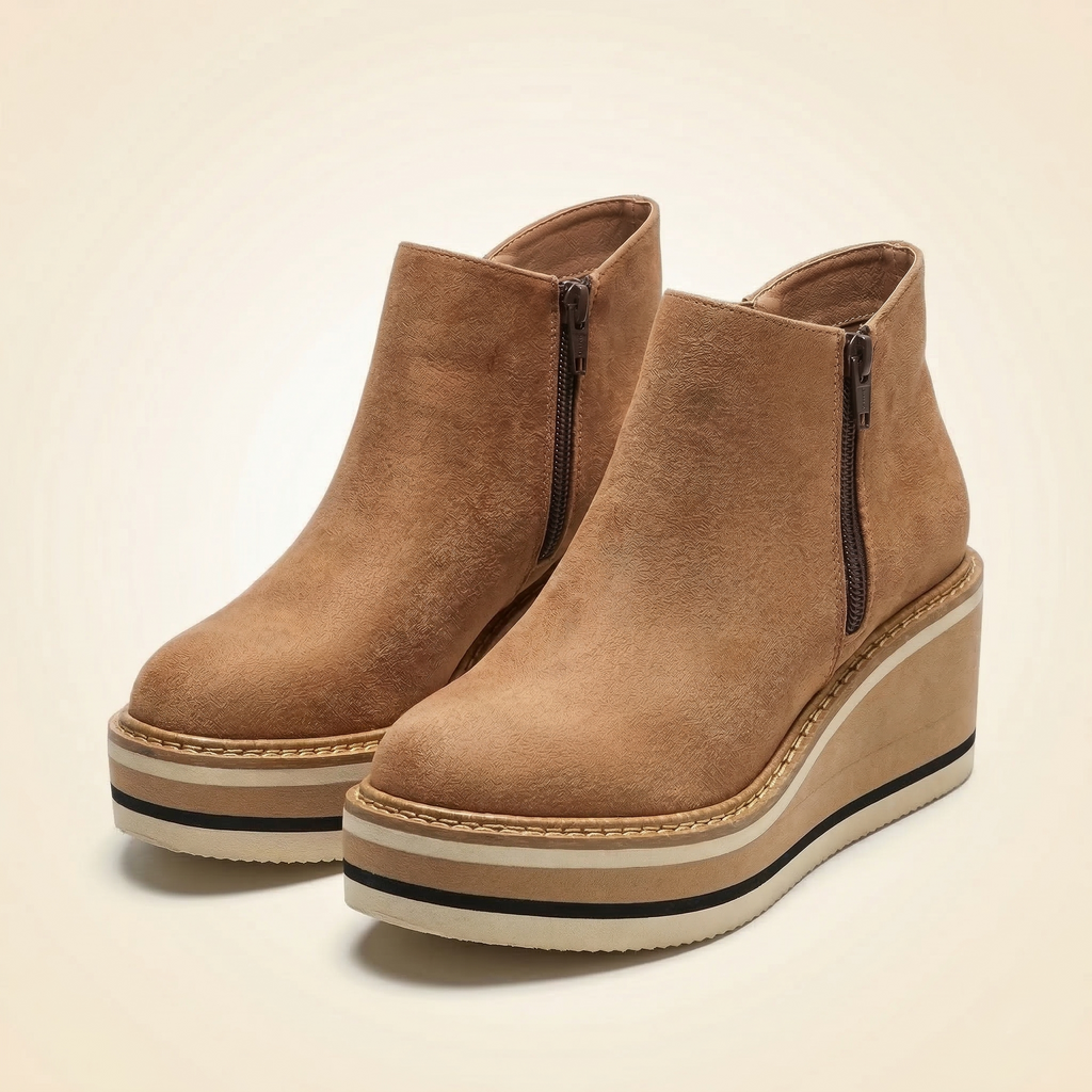 Women's Wedge Platform Ankle Boot with Side Zipper and Striped Sole