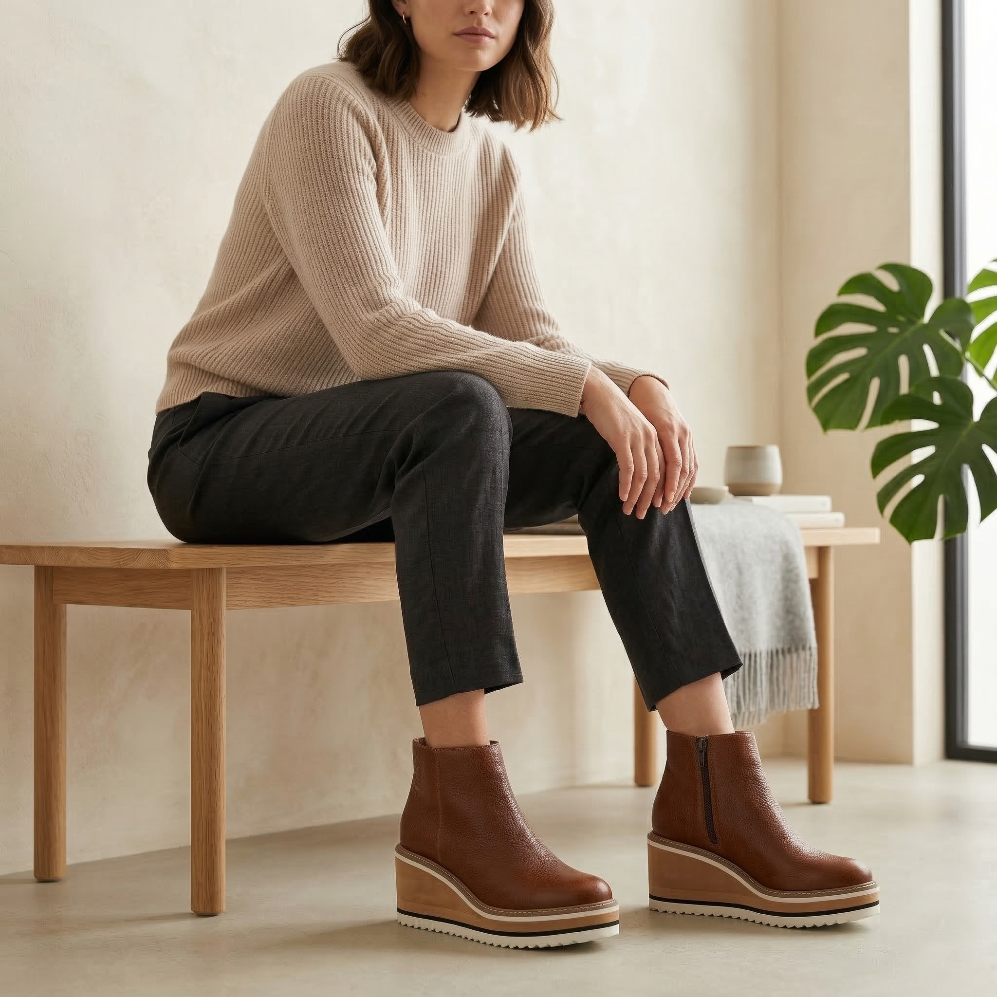 Women's Wedge Platform Ankle Boot with Side Zipper and Striped Sole