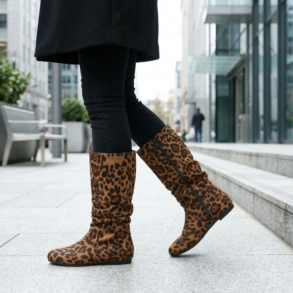 Women's Knee-High Slouch Boot with Ruched Shaft, Side Zipper and Flat Rubber Sole