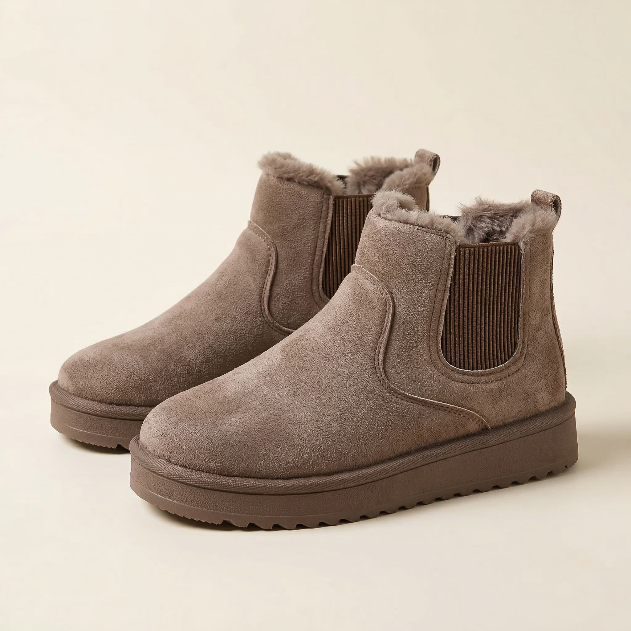 Women's Slip-On Ankle Boot with Faux Fur Collar, Elastic Side Panel and Flat Lugged Sole