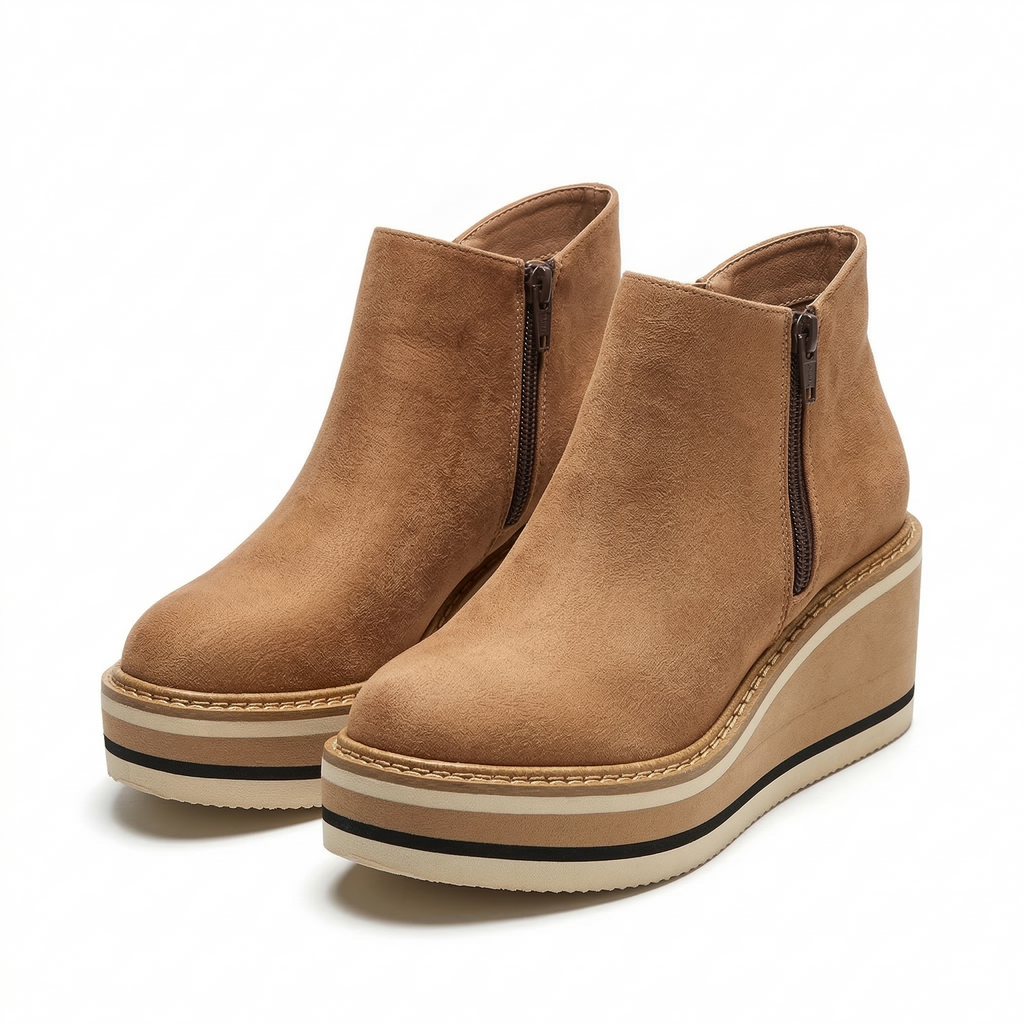 Women's Wedge Platform Ankle Boot with Side Zipper and Striped Sole
