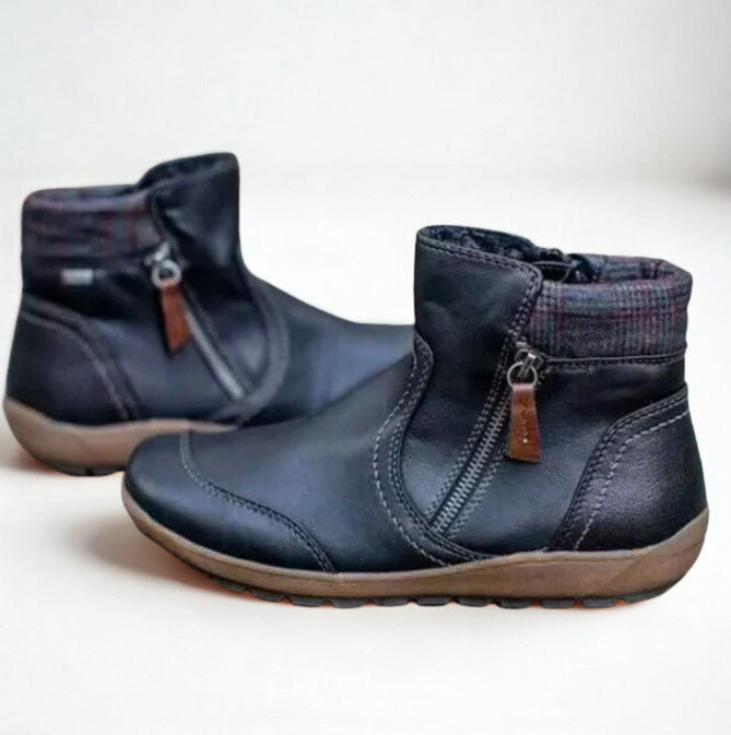 Women's Two-Tone Vegan Leather Ankle Boots with Side Zipper, Plaid Collar Trim & Flat Rubber Sole