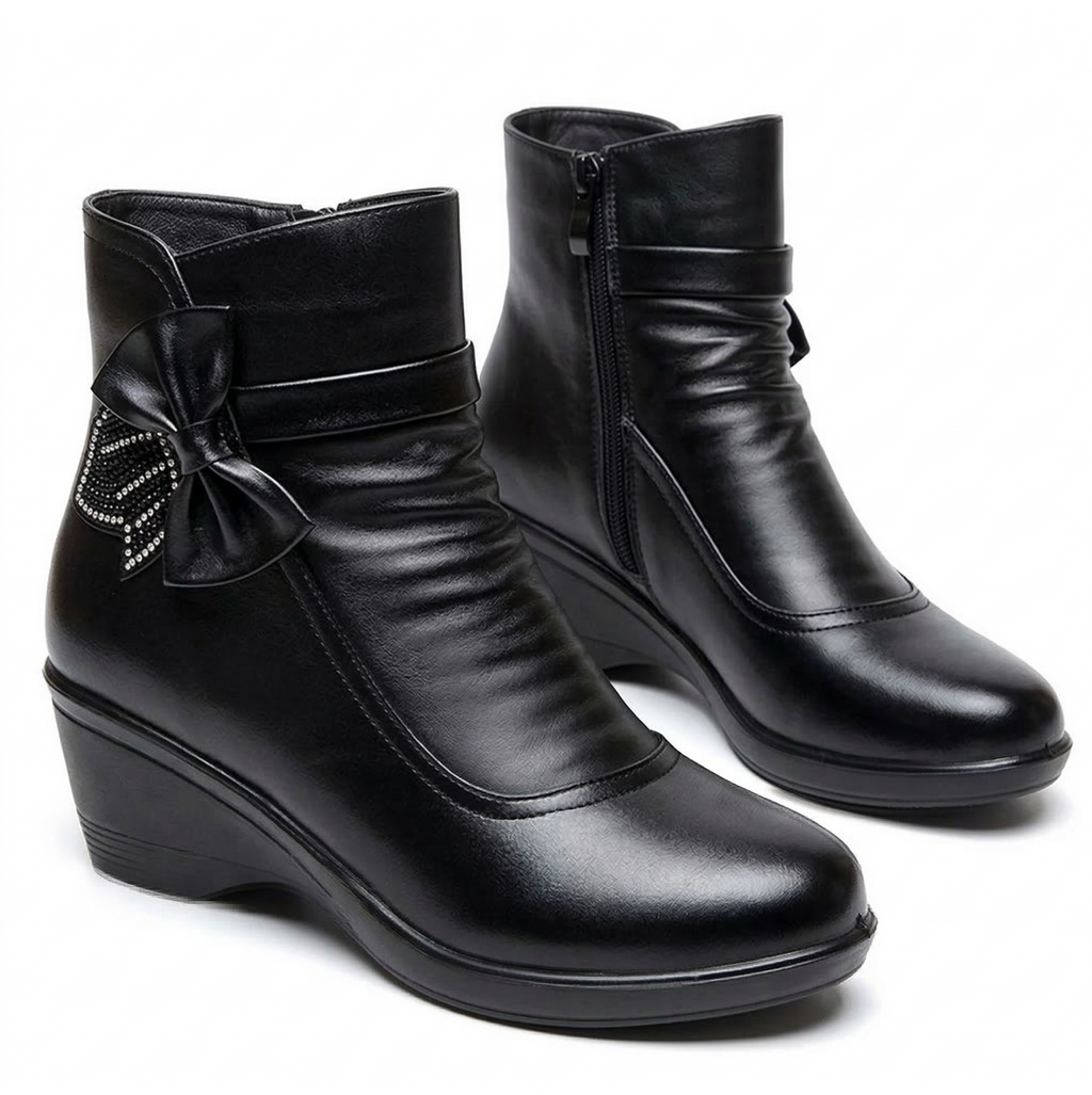 Ruching Vegan Leather Wedge Ankle Boots with Rhinestone Bow Accents
