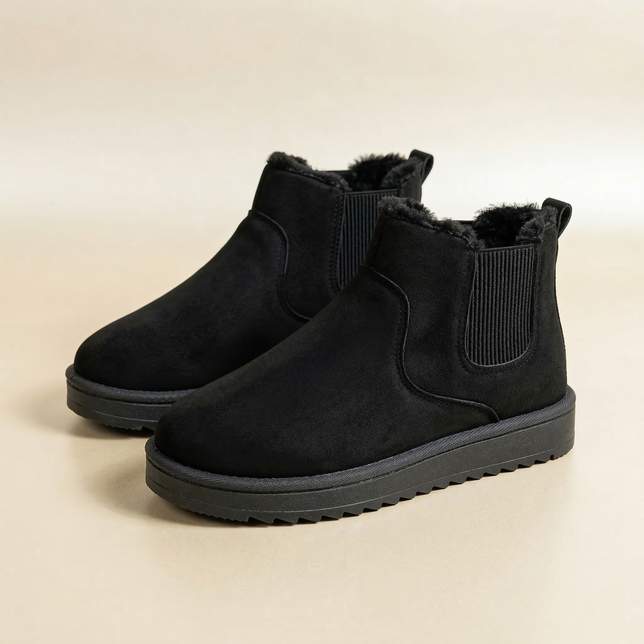 Women's Slip-On Ankle Boot with Faux Fur Collar, Elastic Side Panel and Flat Lugged Sole