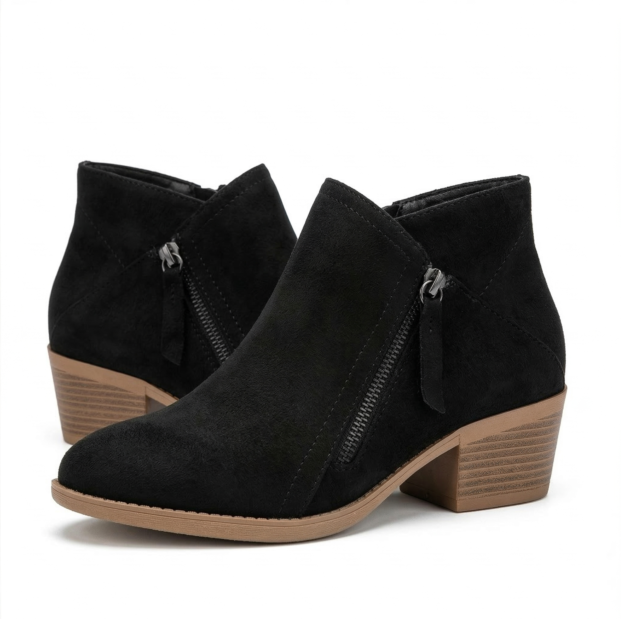 Women's Suede Ankle Bootie with Side Zipper and Stacked Block Heel