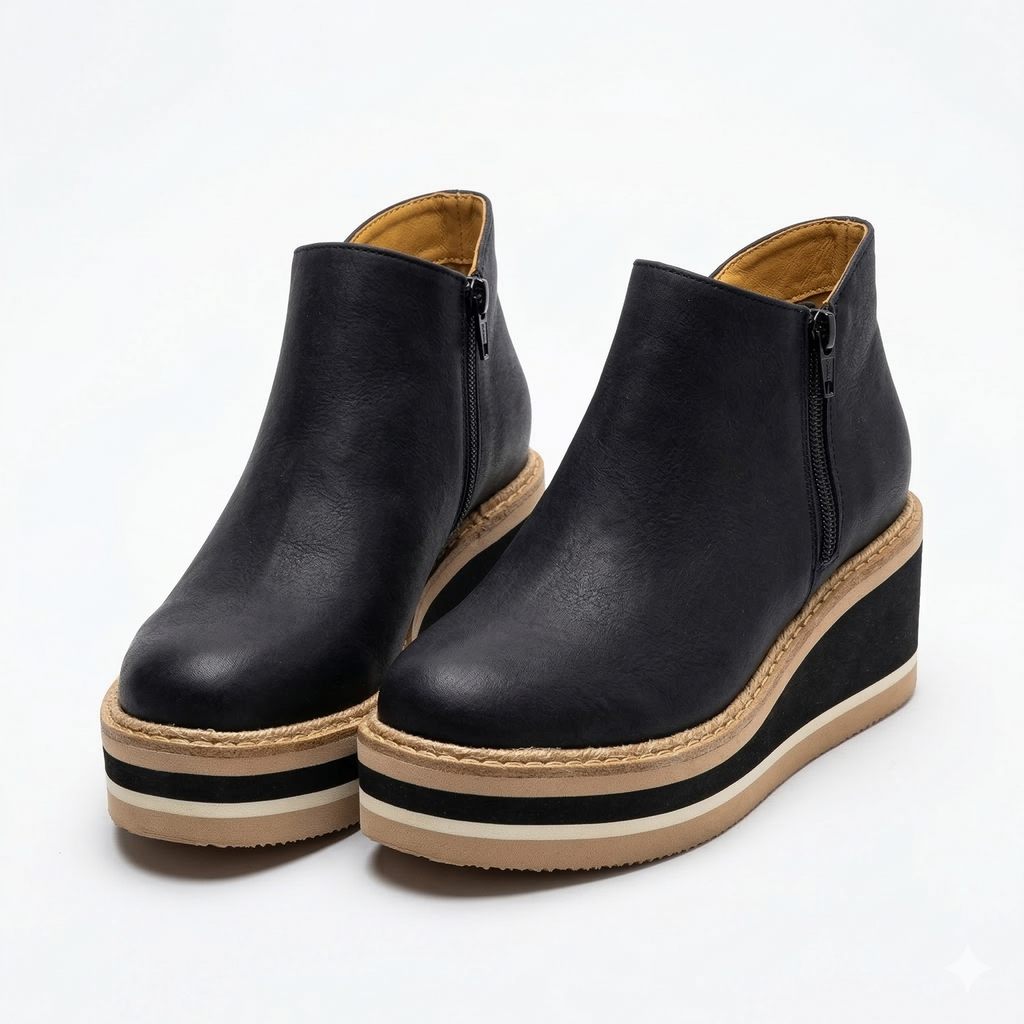 Women's Wedge Platform Ankle Boot with Side Zipper and Striped Sole