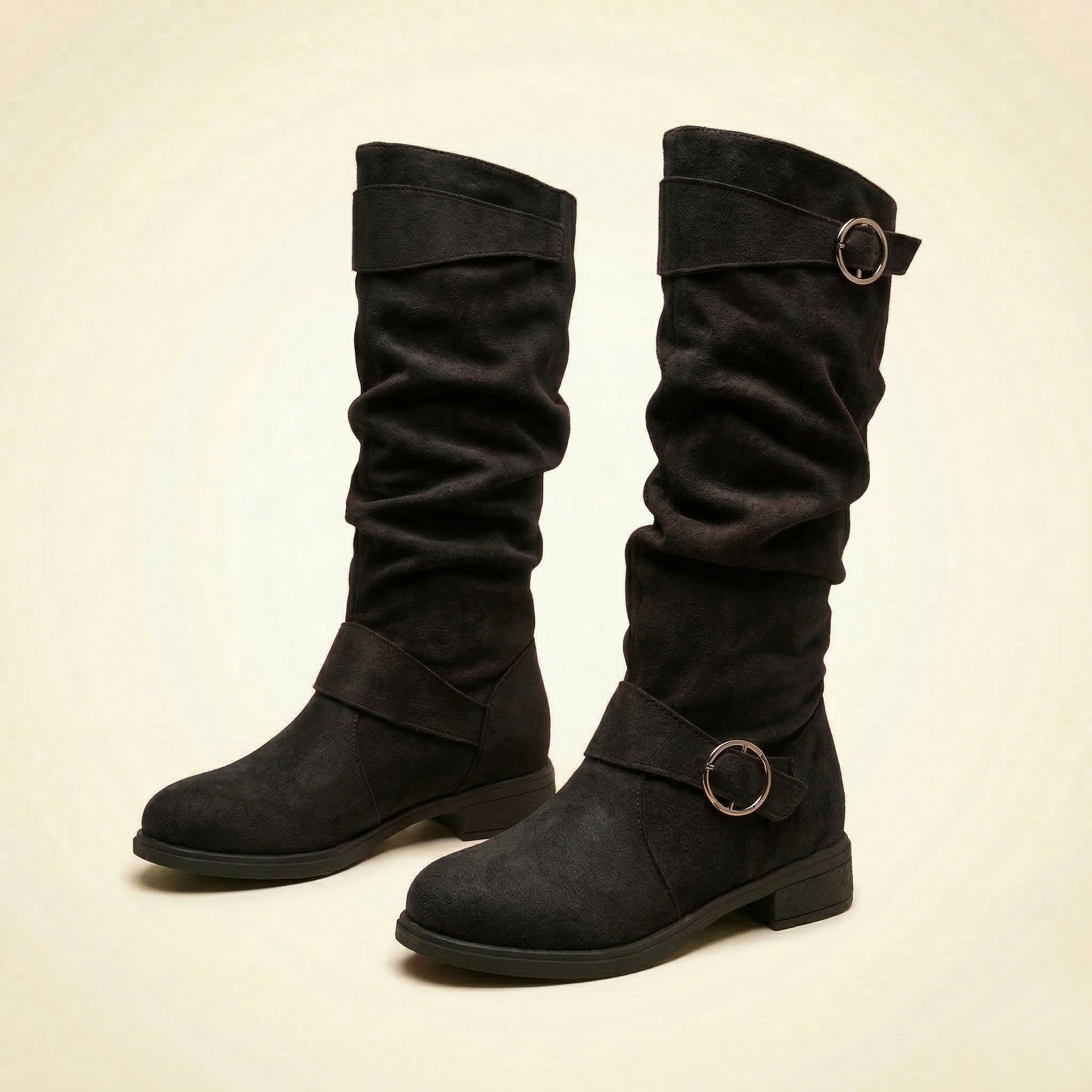 Women's Knee-High Slouch Boot with Double O-Ring Buckle Straps, Ruched Shaft and Low Block Heel