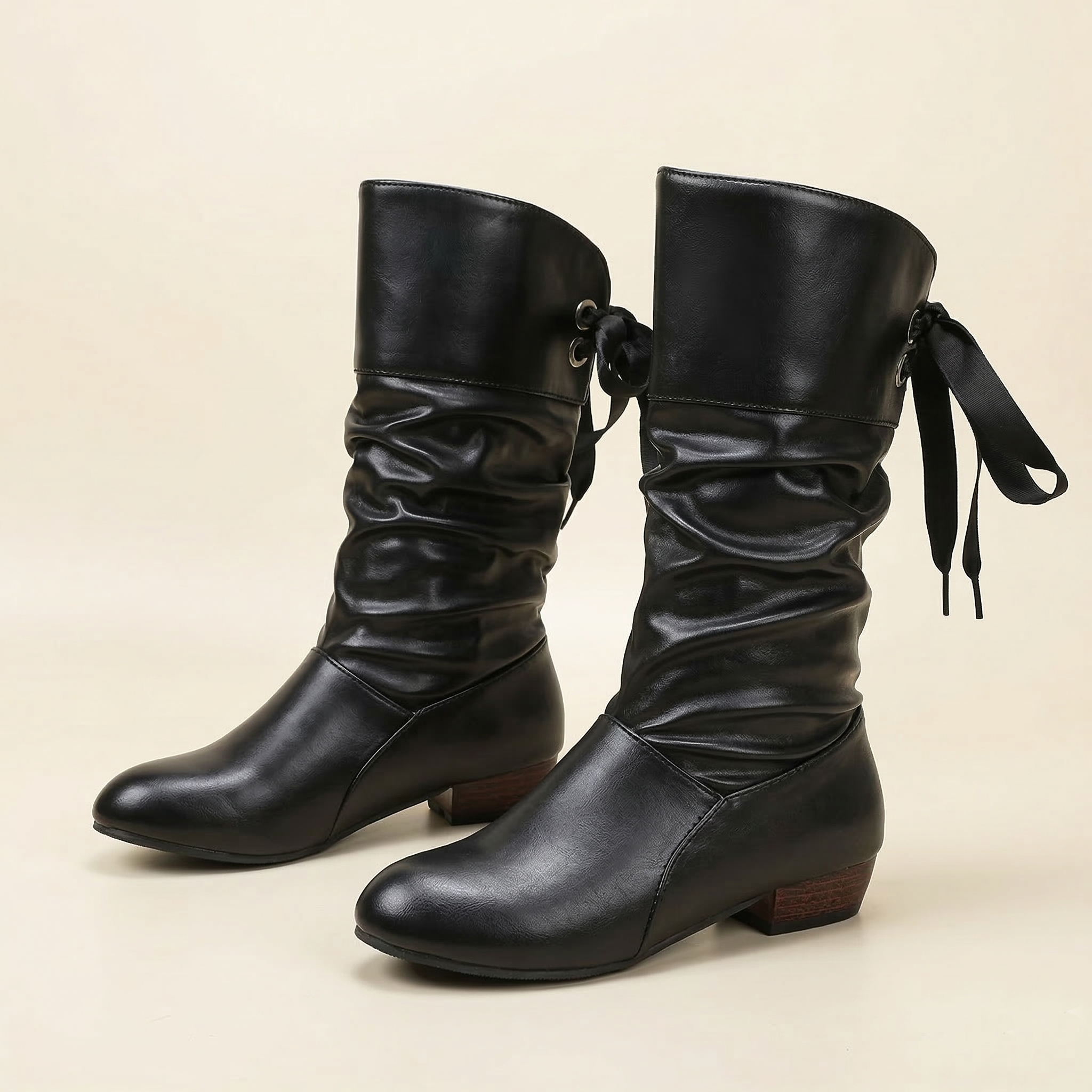 Women's Mid-Calf Slouch Boot with Back Ribbon Lace-Up Detail, Ruched Shaft and Low Block Heel