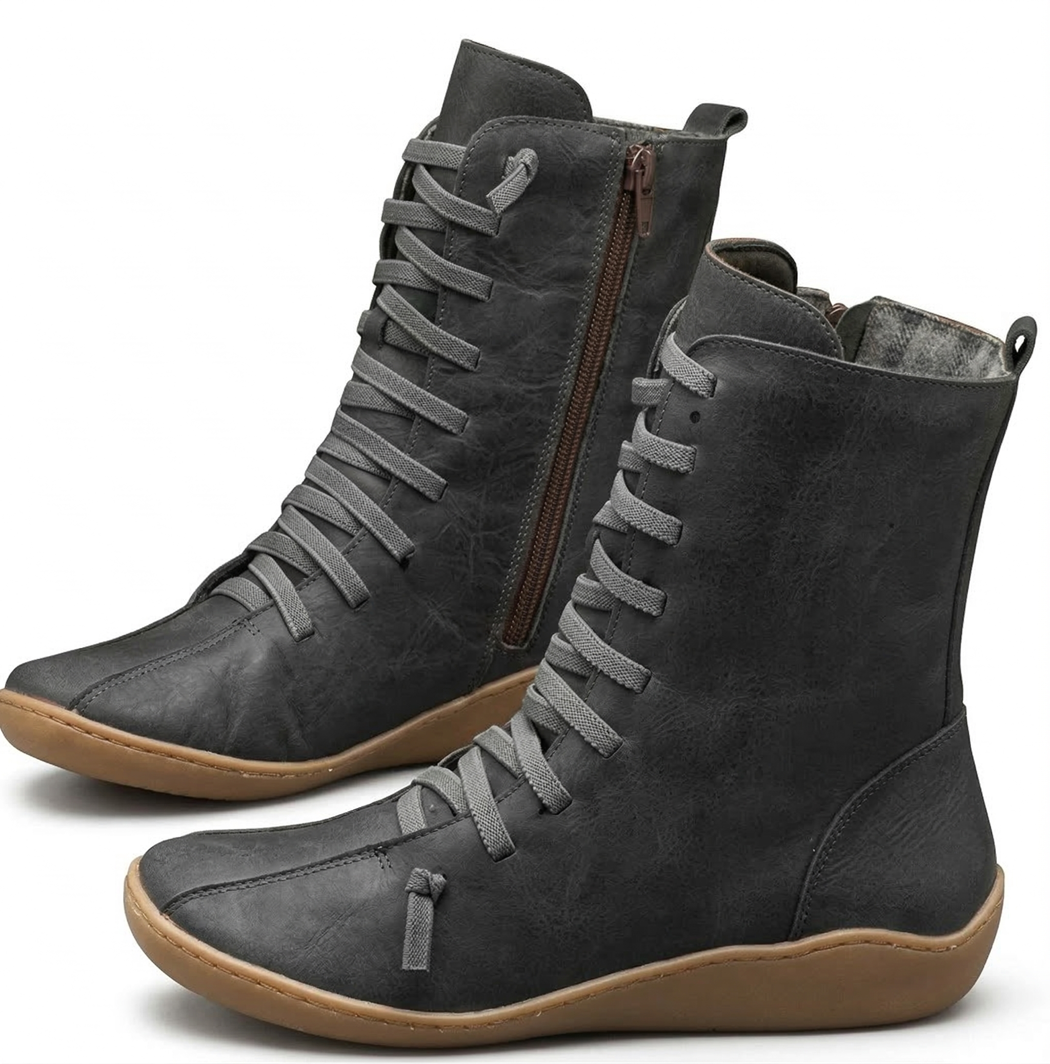 Women's Mid-Calf Leather Boot with Cross Strap Lace-Up Front, Side Zipper and Flat Rubber Sole