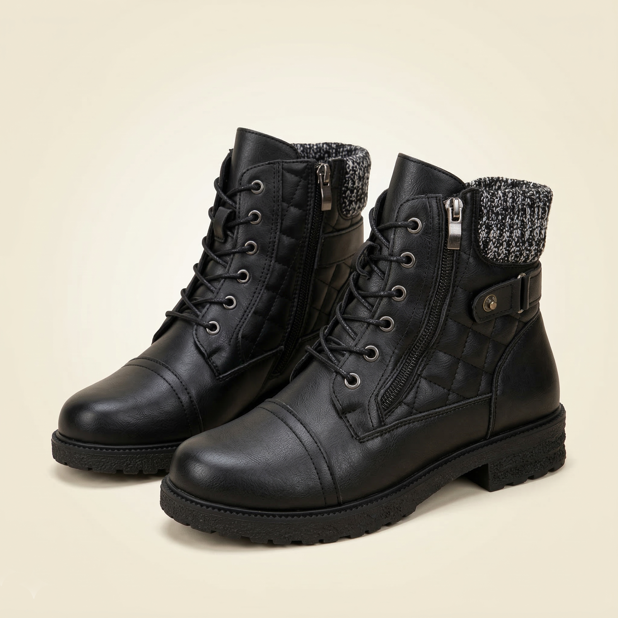 Women's Ankle Combat Boot with Quilted Upper, Knit Collar, Side Zipper and Lace-Up Front
