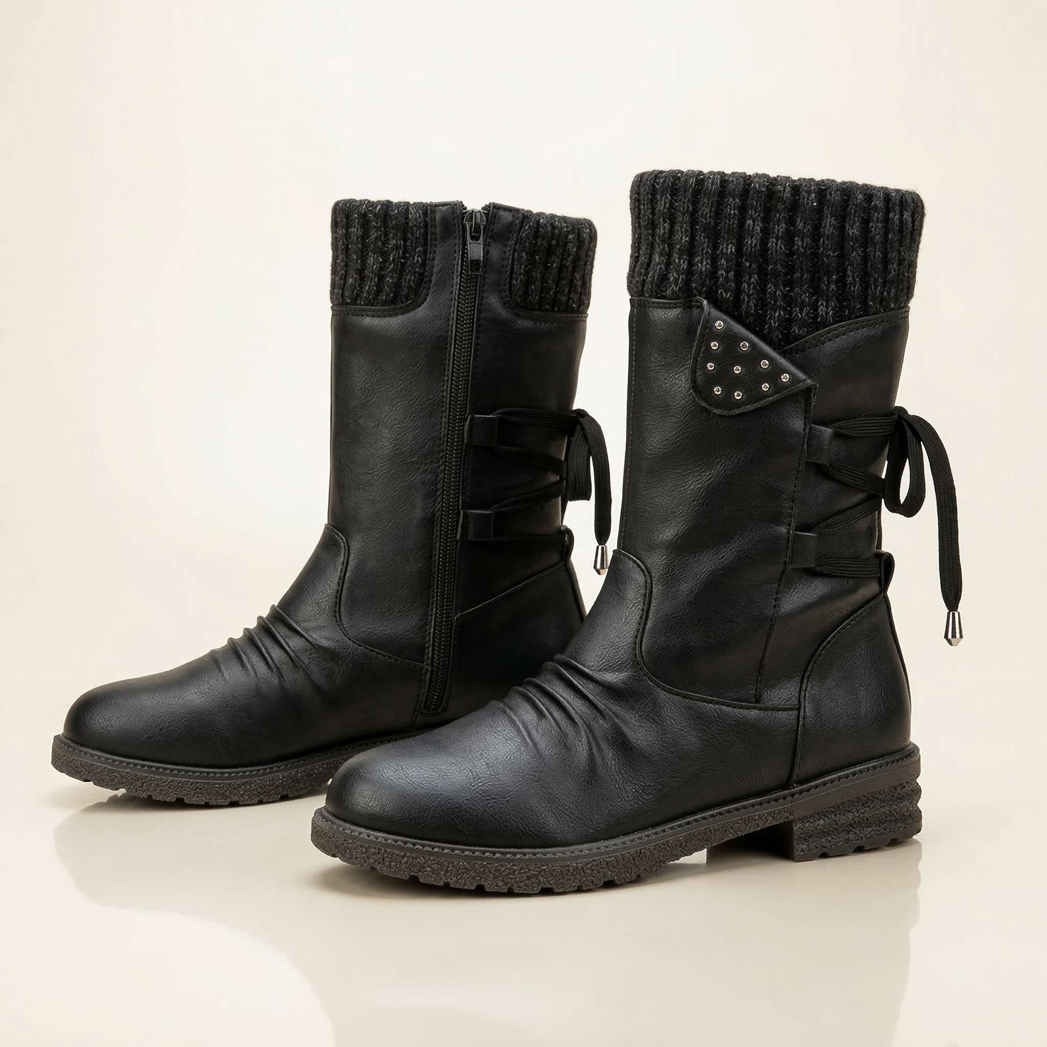 Women's Mid-Calf Suede Boot with Knit Collar, Side Lace Detail, Studded Tab and Side Zipper