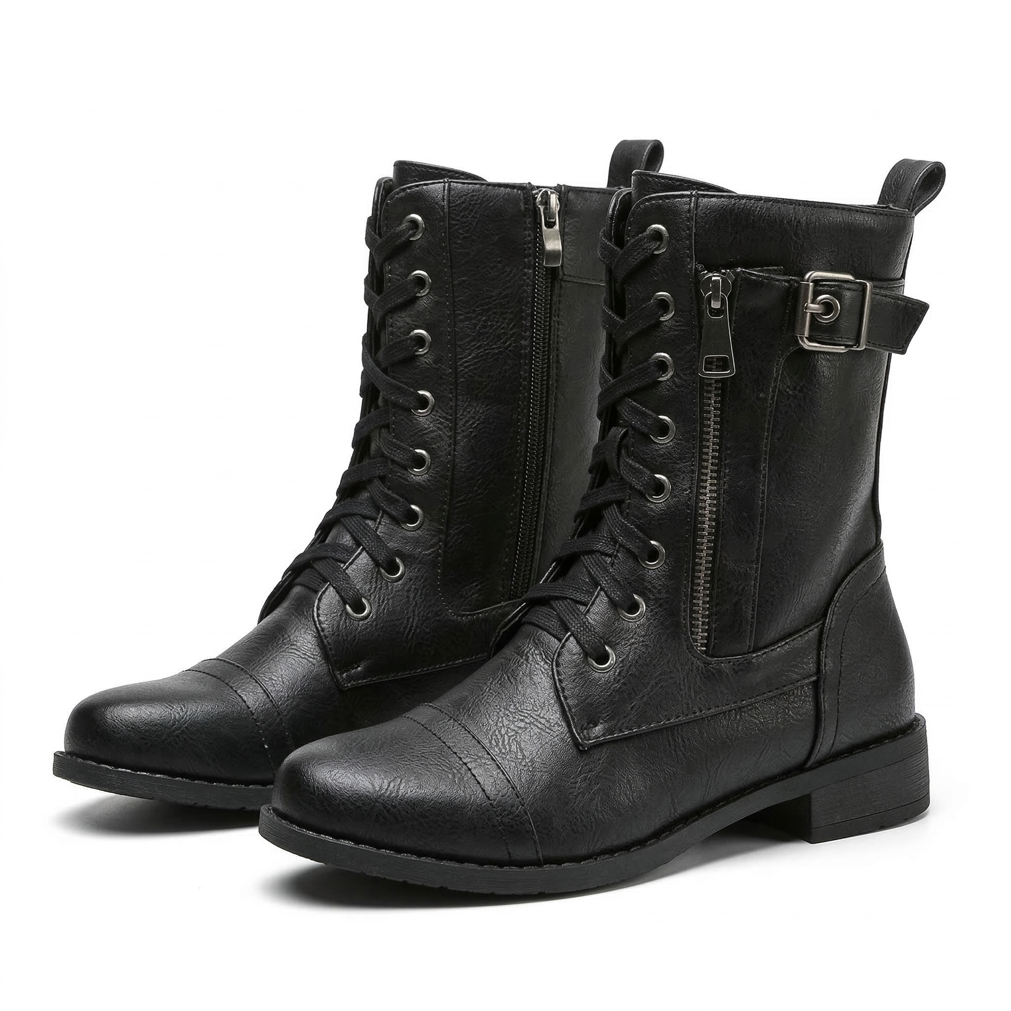 Women's Mid-Calf Combat Boot with Lace-Up Front, Side Zipper and Buckle Strap