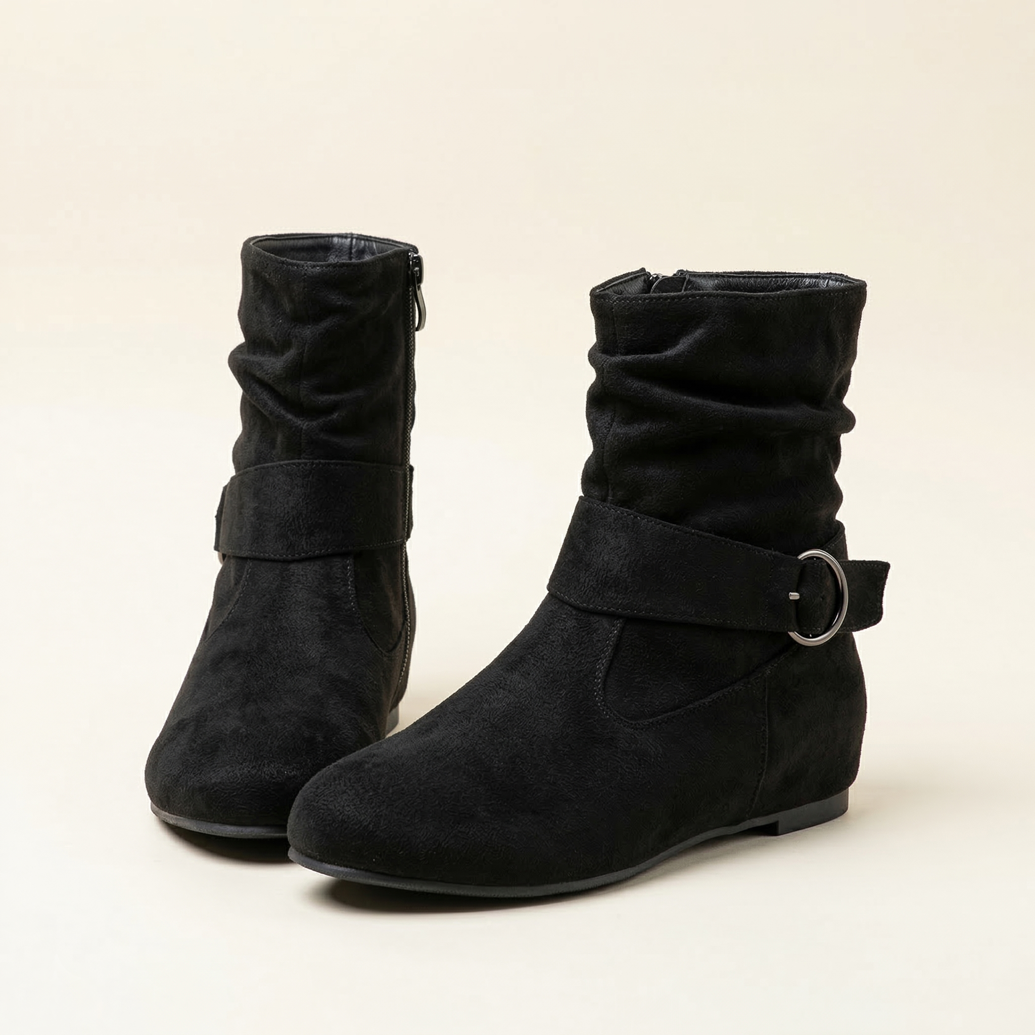 Women's Suede Ankle Boot with Ruched Shaft, Wrap Buckle Strap and Side Zipper