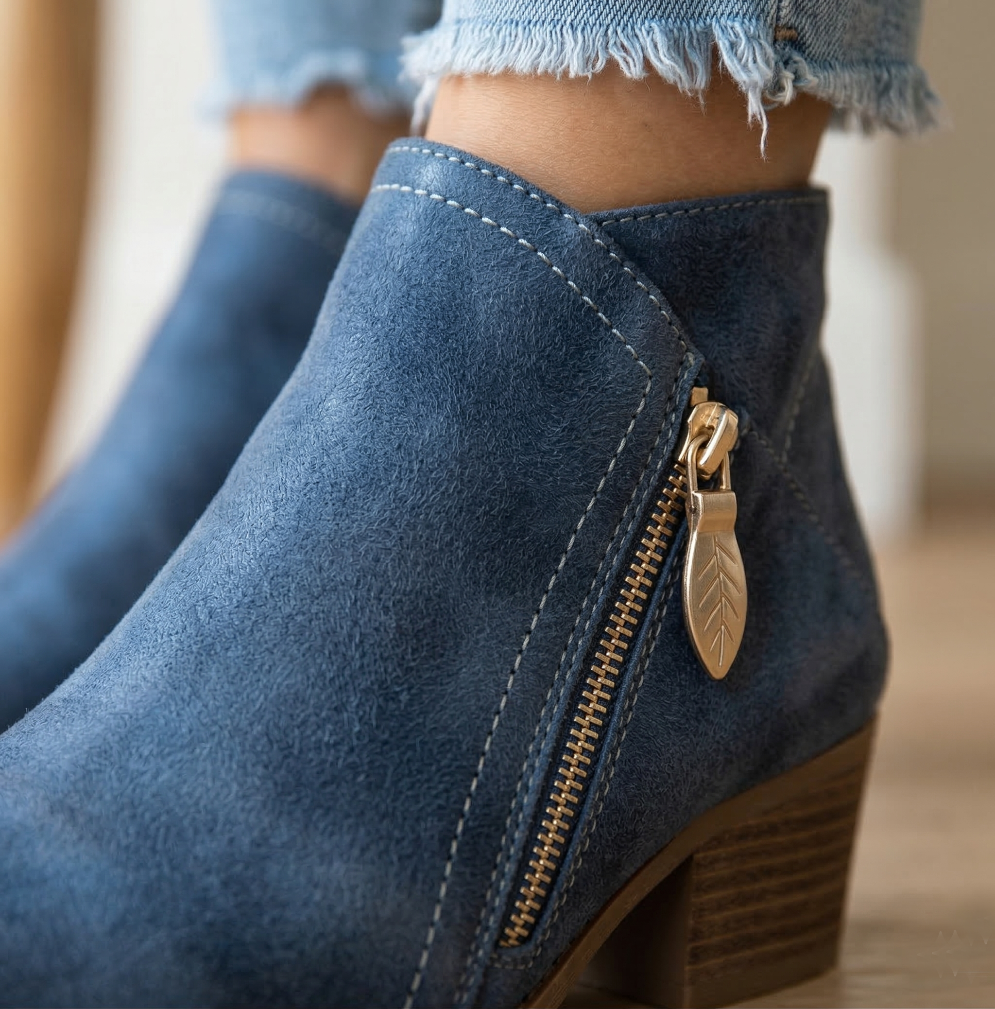 Women's Suede Ankle Bootie with Side Zipper and Stacked Block Heel