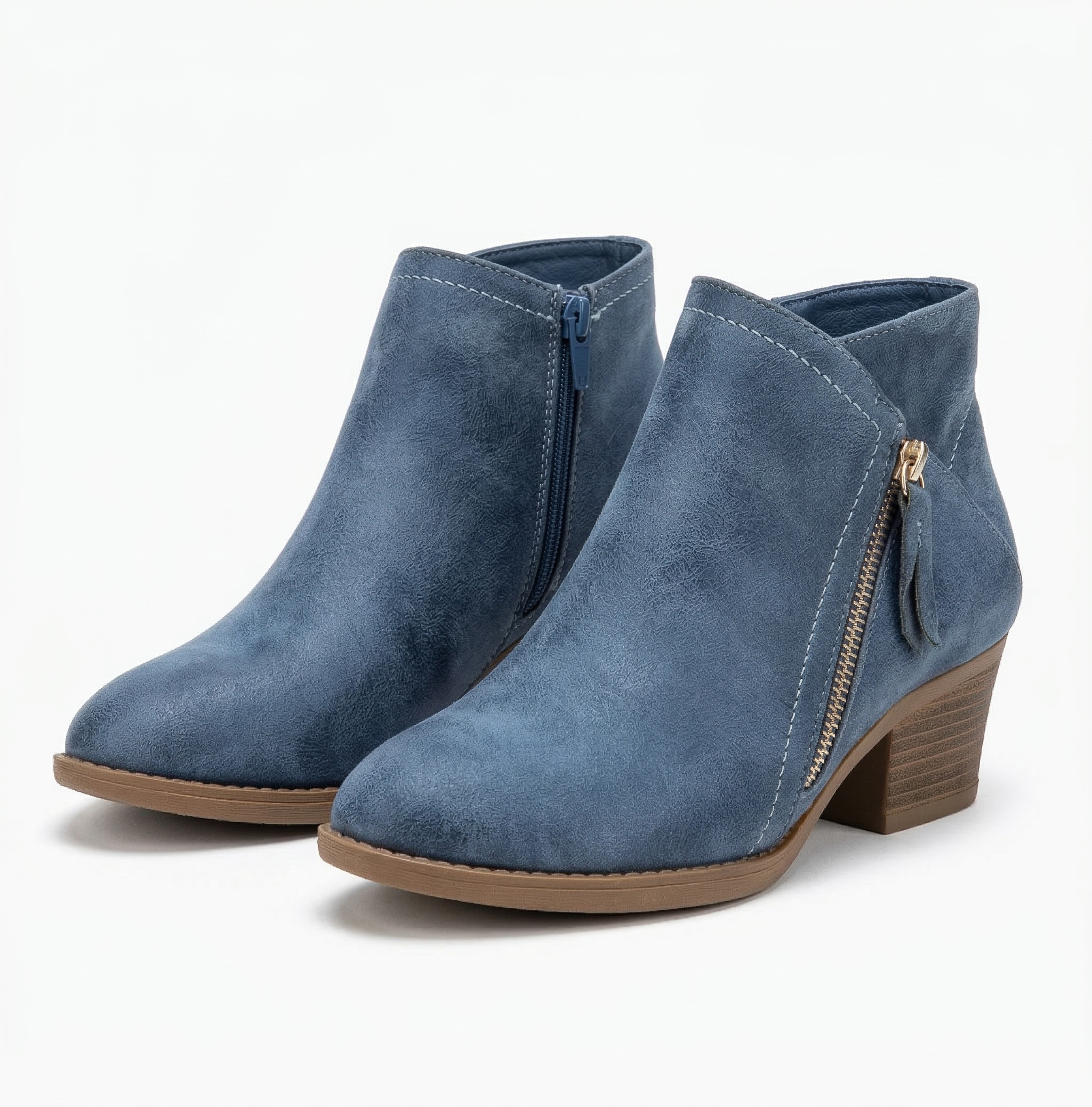 Women's Suede Ankle Bootie with Side Zipper and Stacked Block Heel