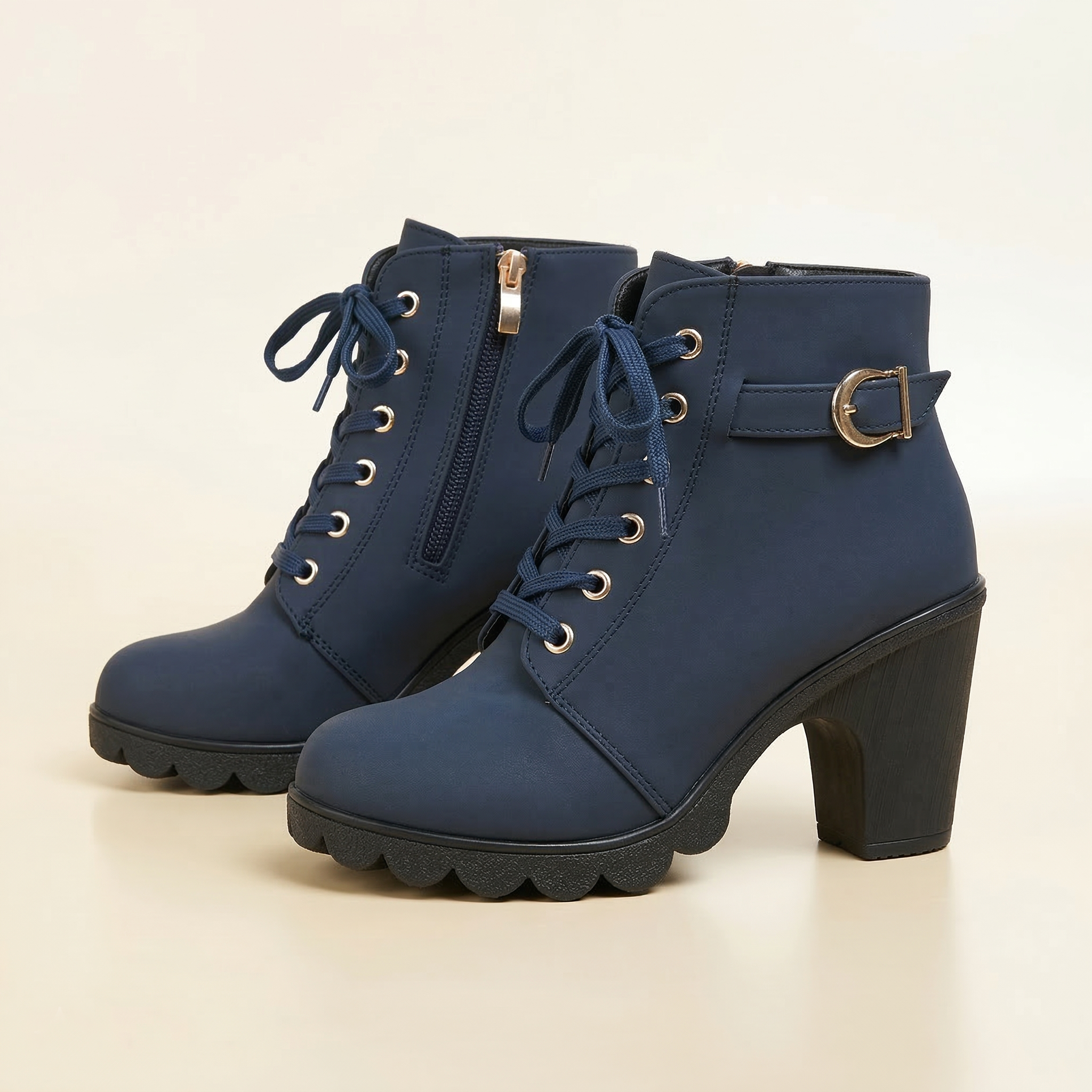Women's Ankle Boot with Lace-Up Front, Side Zipper, Buckle Strap and High Block Heel on Lugged Platform Sole