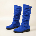 Women's Knee-High Slouch Boot with Double O-Ring Buckle Straps, Ruched Shaft and Low Block Heel