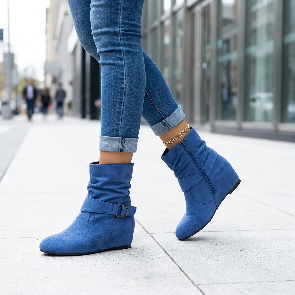 Women's Suede Ankle Boot with Ruched Shaft, Wrap Buckle Strap and Side Zipper