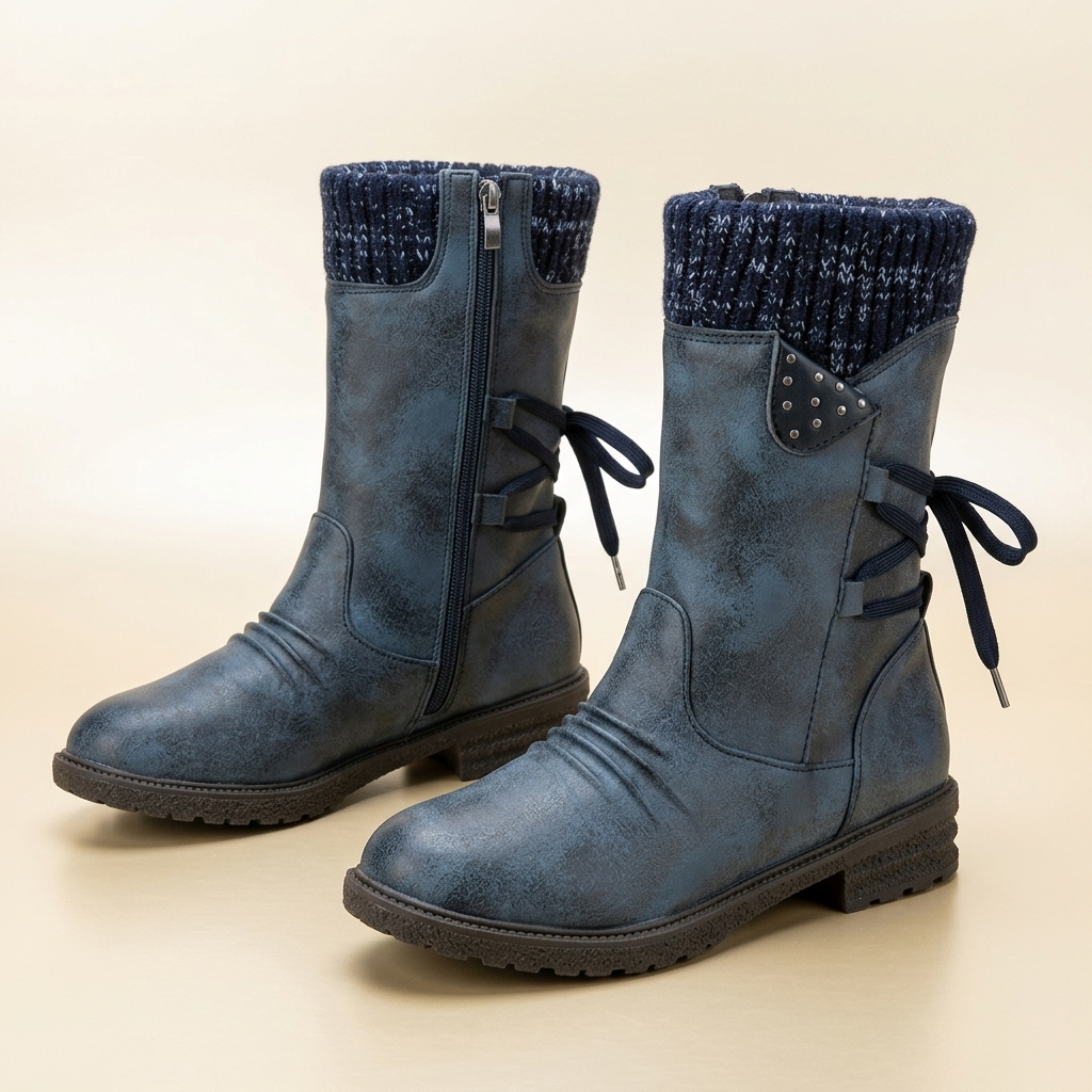 Women's Mid-Calf Suede Boot with Knit Collar, Side Lace Detail, Studded Tab and Side Zipper