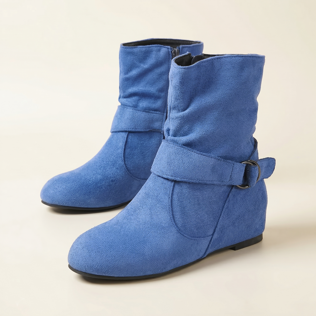 Women's Suede Ankle Boot with Ruched Shaft, Wrap Buckle Strap and Side Zipper