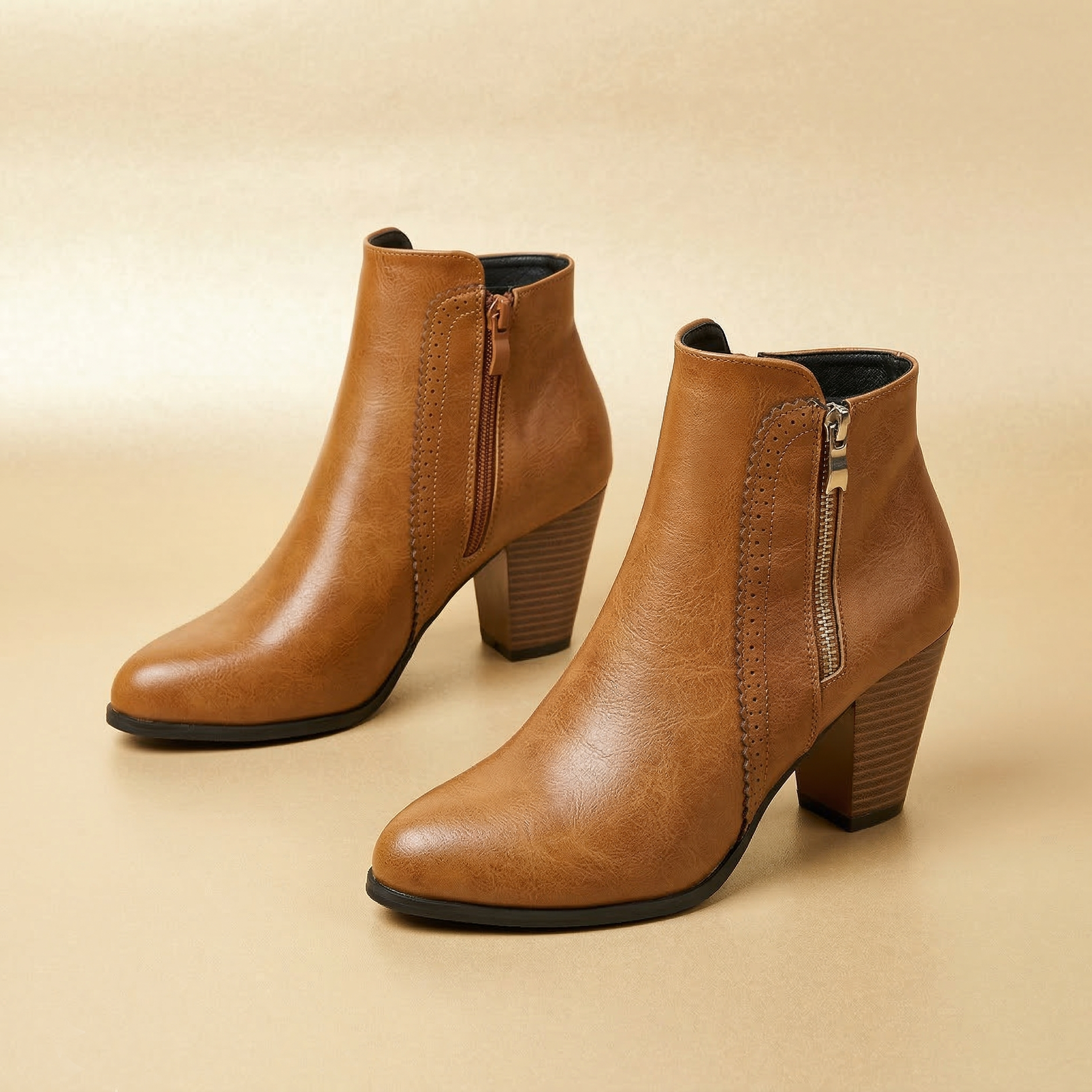 Women's Vegan Leather Ankle Boots with Perforated Side Zipper Detail & Stacked Block Heel