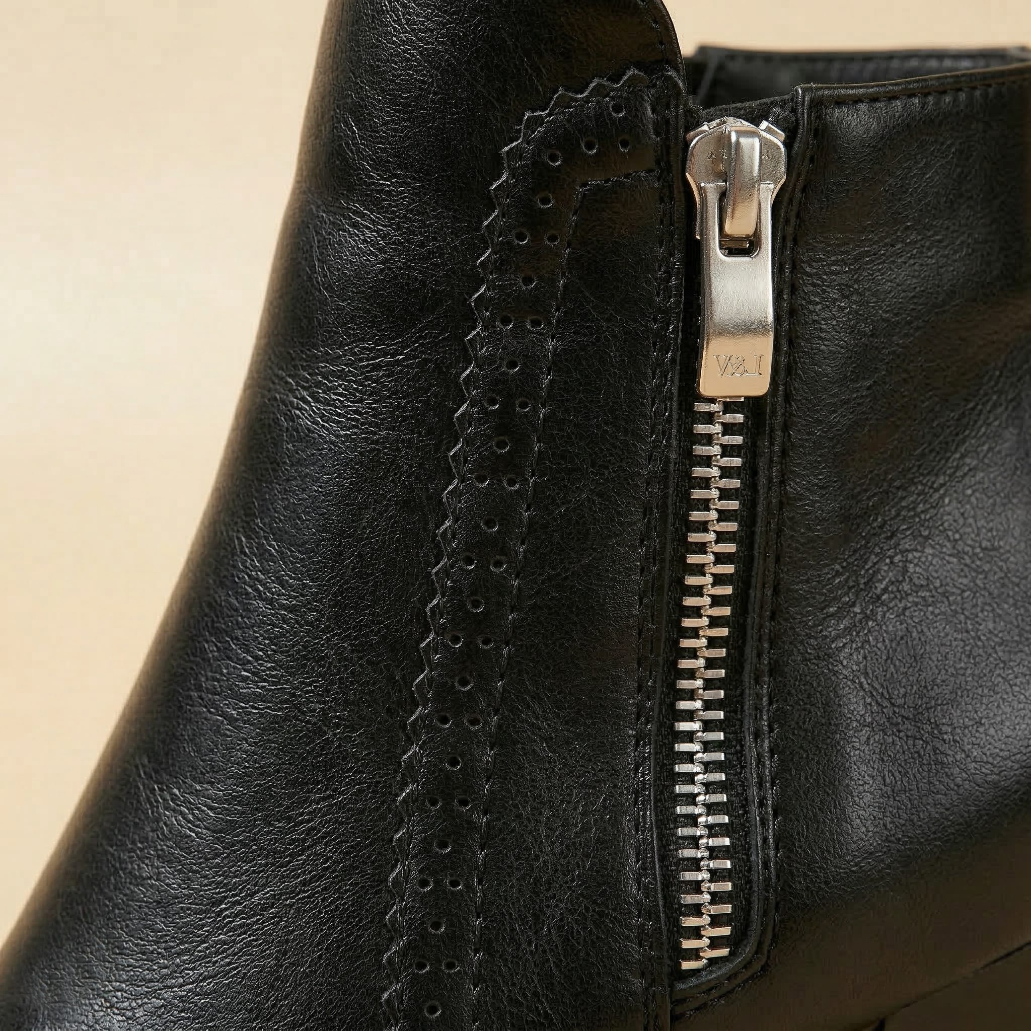 Women's Vegan Leather Ankle Boots with Perforated Side Zipper Detail & Stacked Block Heel