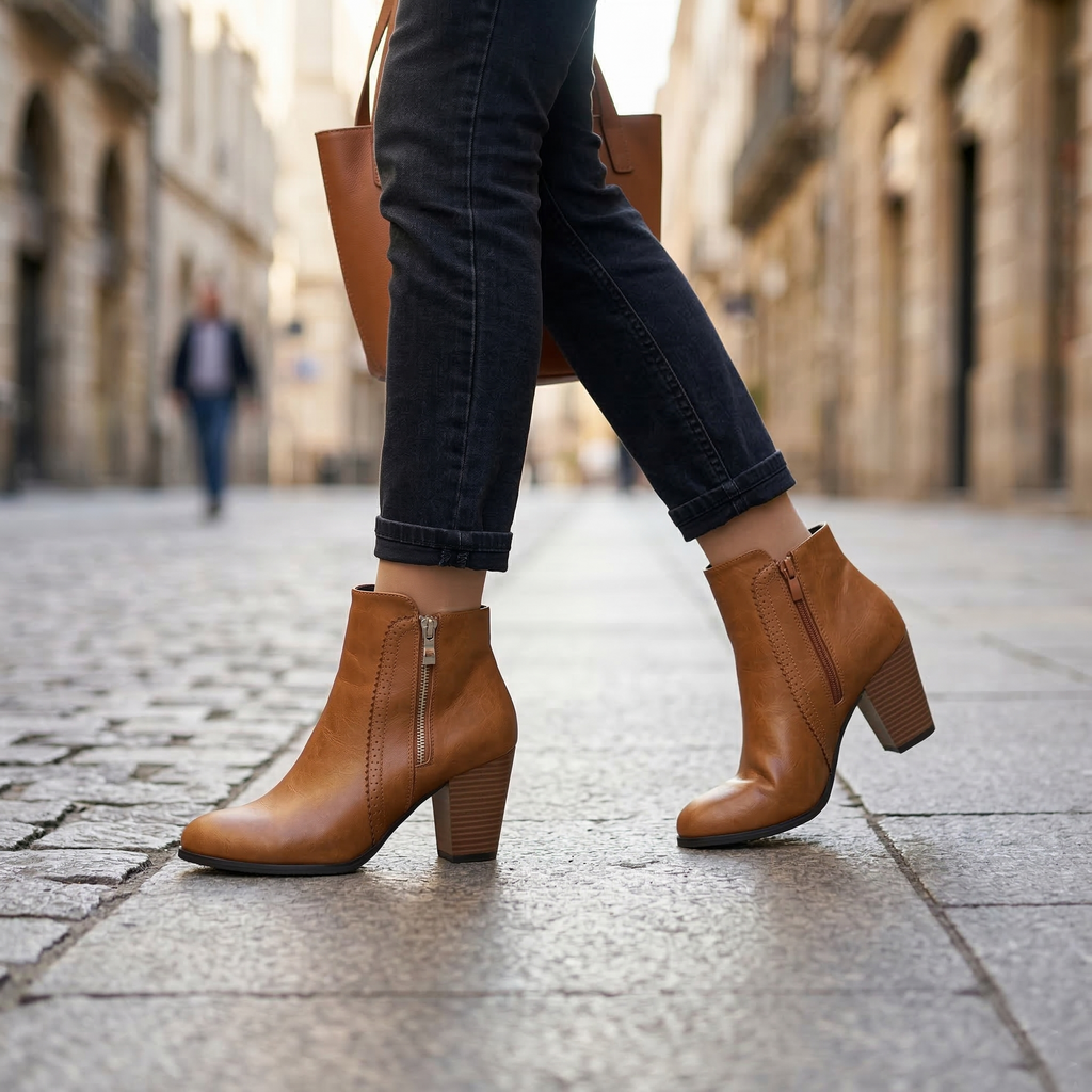 Women's Vegan Leather Ankle Boots with Perforated Side Zipper Detail & Stacked Block Heel