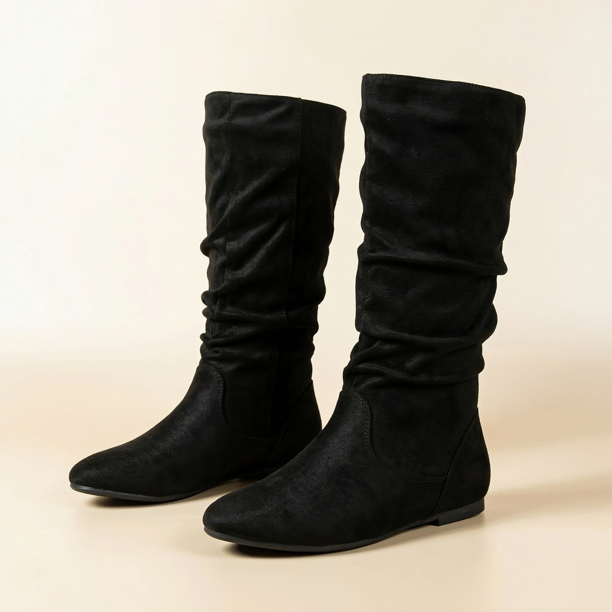 Women's Knee-High Slouch Boot with Ruched Shaft, Side Zipper and Flat Rubber Sole