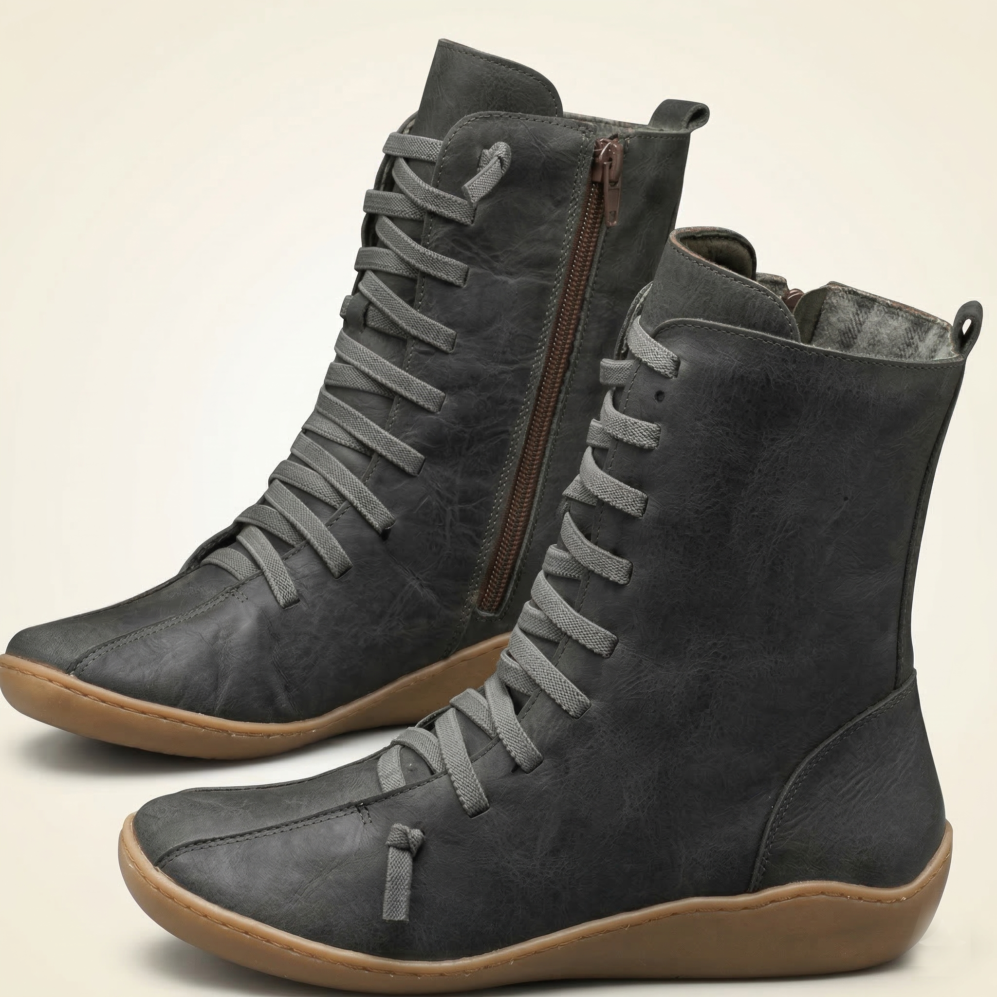 Women's Mid-Calf Leather Boot with Cross Strap Lace-Up Front, Side Zipper and Flat Rubber Sole