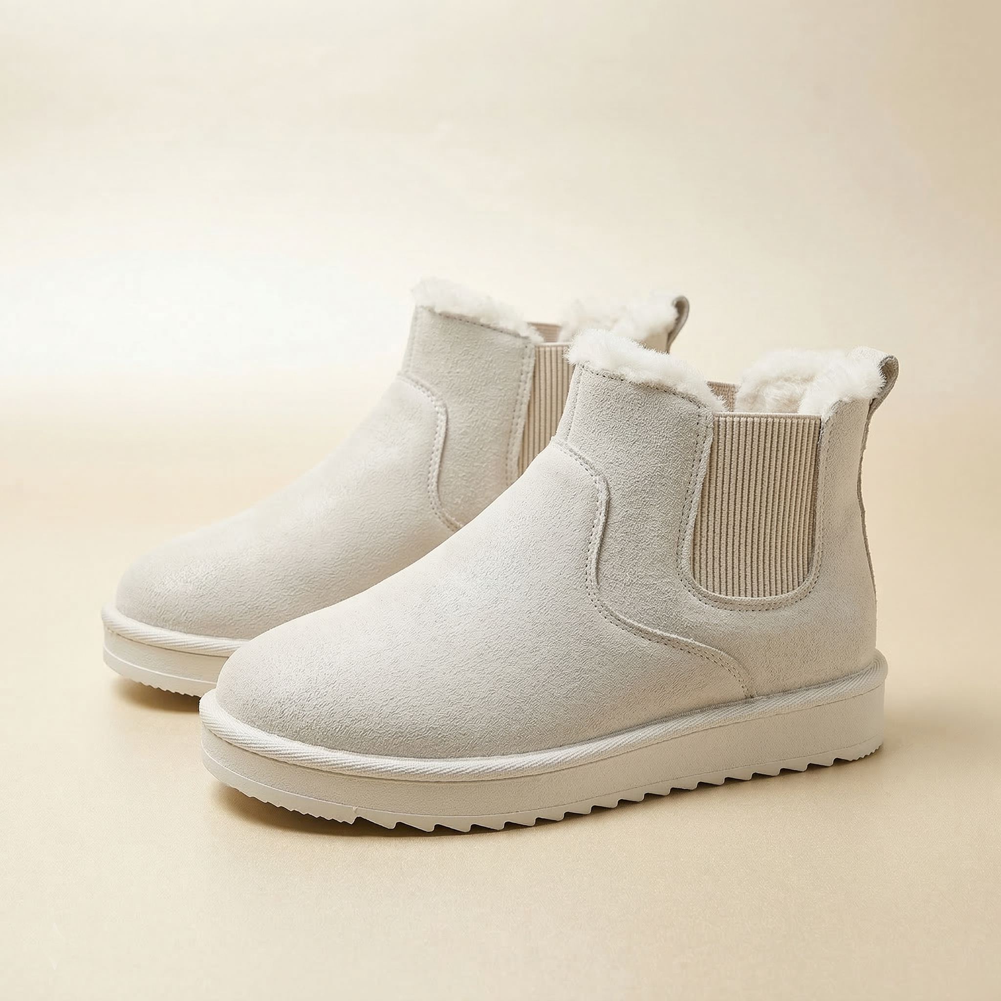Women's Slip-On Ankle Boot with Faux Fur Collar, Elastic Side Panel and Flat Lugged Sole