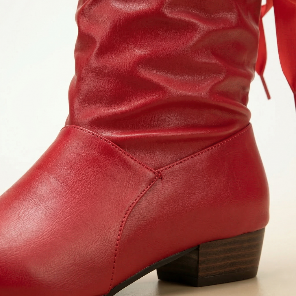 Women's Mid-Calf Slouch Boot with Back Ribbon Lace-Up Detail, Ruched Shaft and Low Block Heel