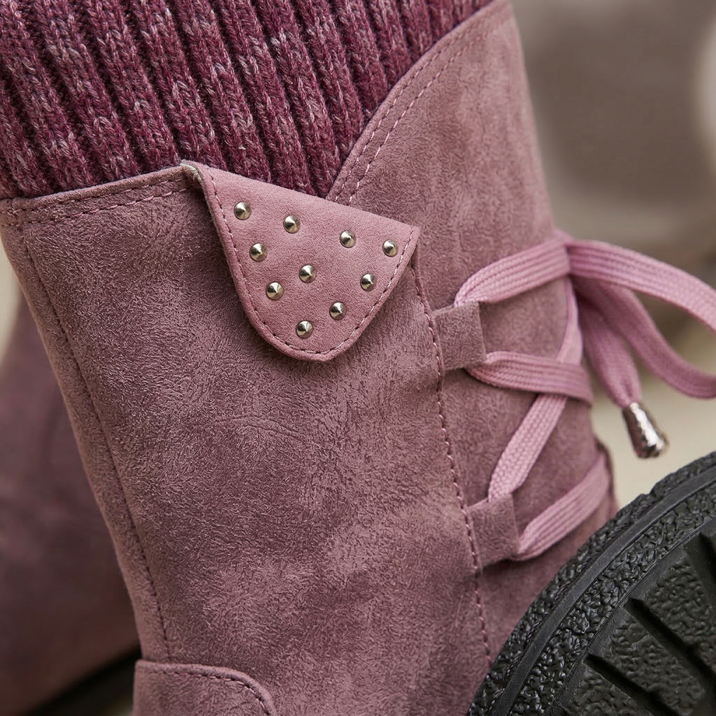 Women's Mid-Calf Suede Boot with Knit Collar, Side Lace Detail, Studded Tab and Side Zipper