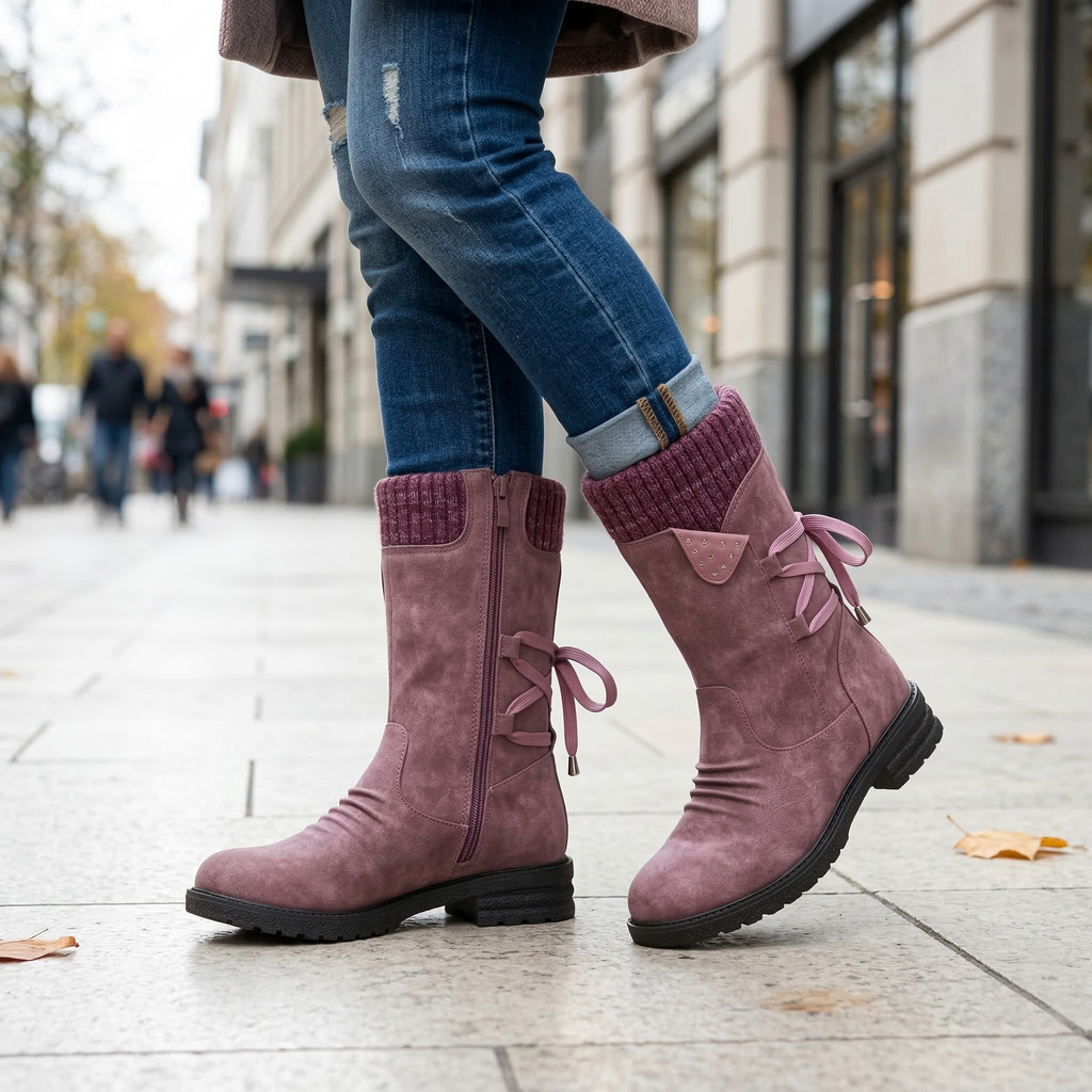 Women's Mid-Calf Suede Boot with Knit Collar, Side Lace Detail, Studded Tab and Side Zipper