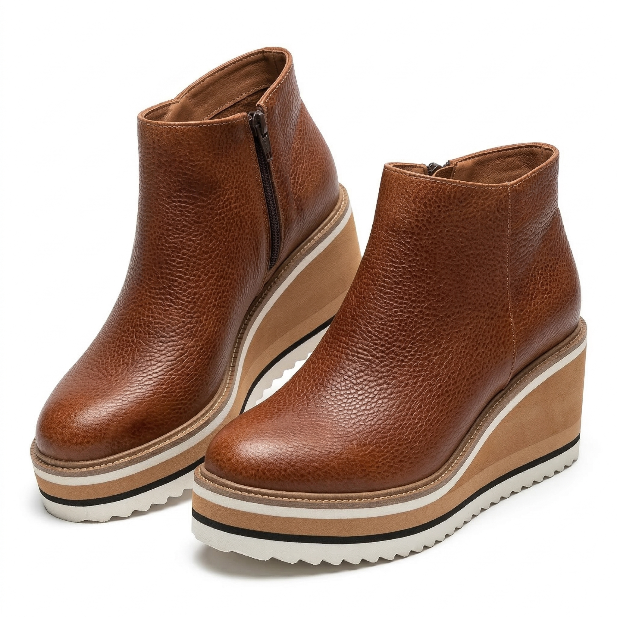 Women's Wedge Platform Ankle Boot with Side Zipper and Striped Sole