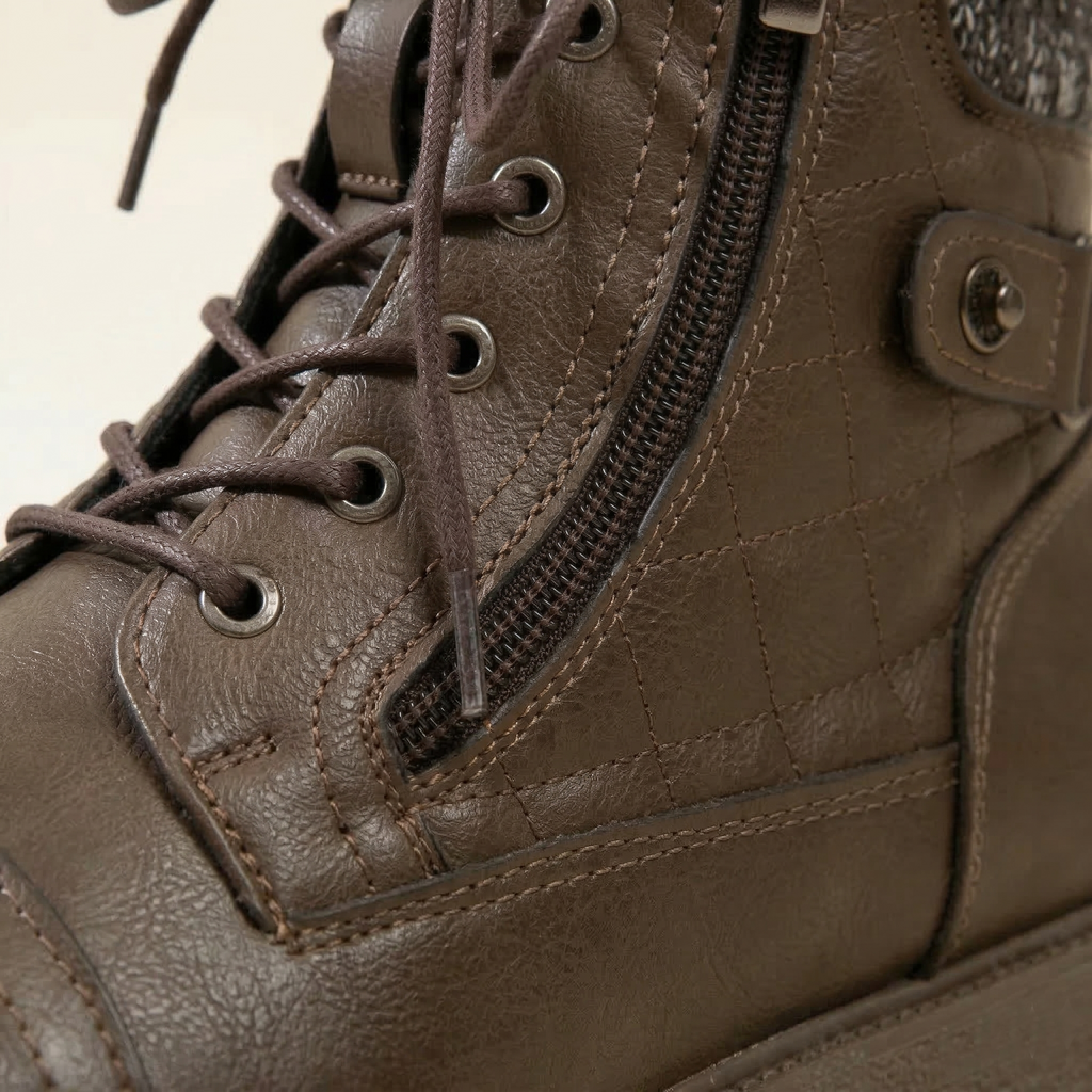 Women's Ankle Combat Boot with Quilted Upper, Knit Collar, Side Zipper and Lace-Up Front