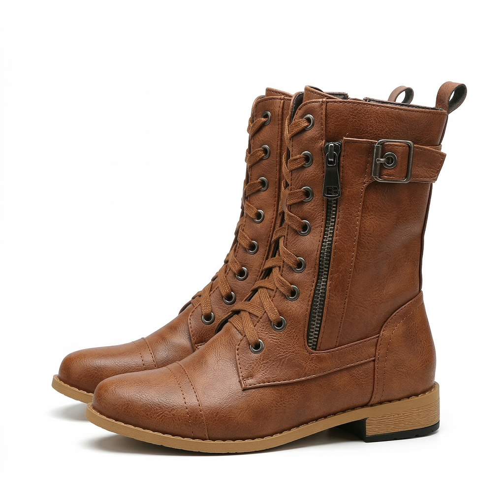 Women's Mid-Calf Combat Boot with Lace-Up Front, Side Zipper and Buckle Strap