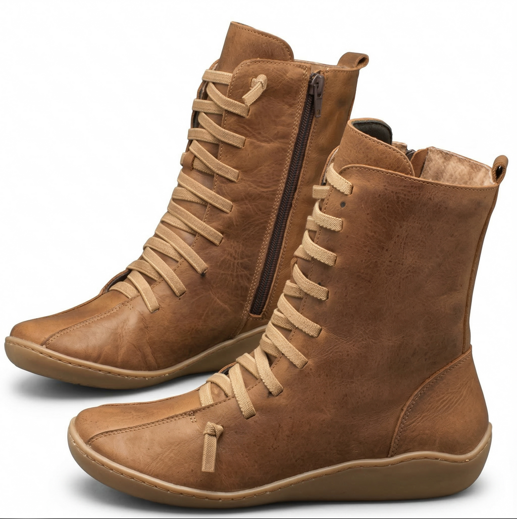 Women's Mid-Calf Leather Boot with Cross Strap Lace-Up Front, Side Zipper and Flat Rubber Sole