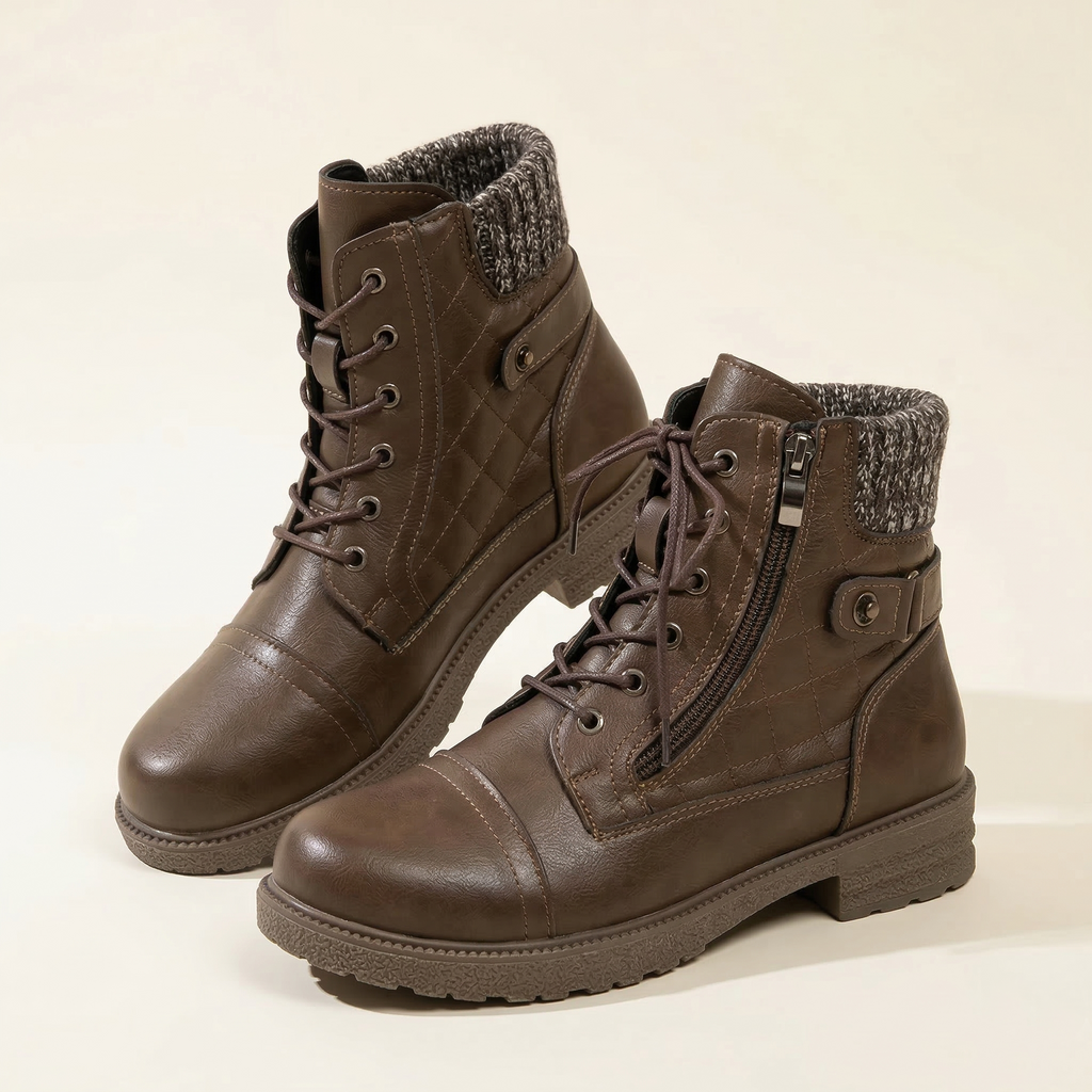 Women's Ankle Combat Boot with Quilted Upper, Knit Collar, Side Zipper and Lace-Up Front